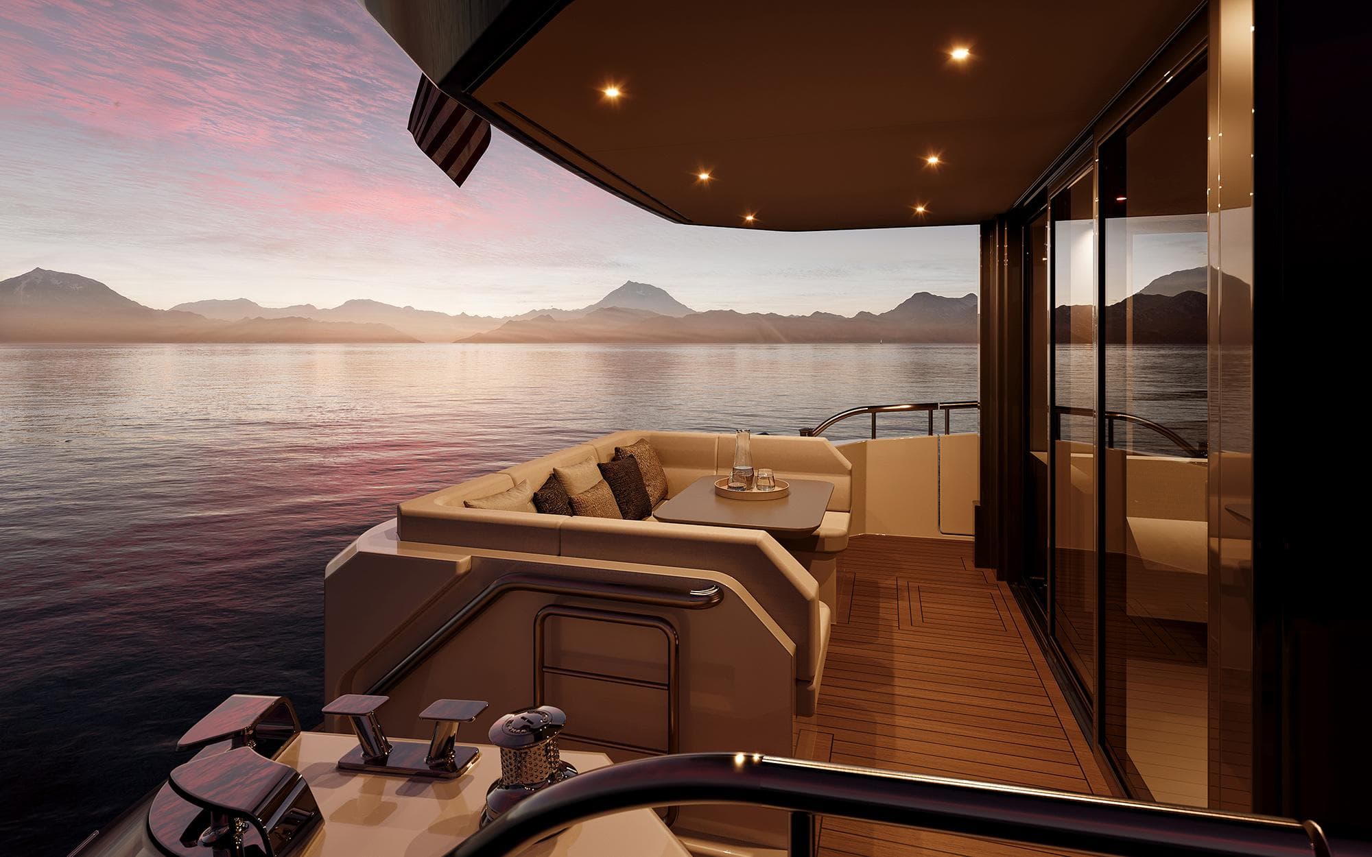 Luxurious 2027 Outer Reef Yachts 540 Adventure at sunset, featuring elegant deck seating.