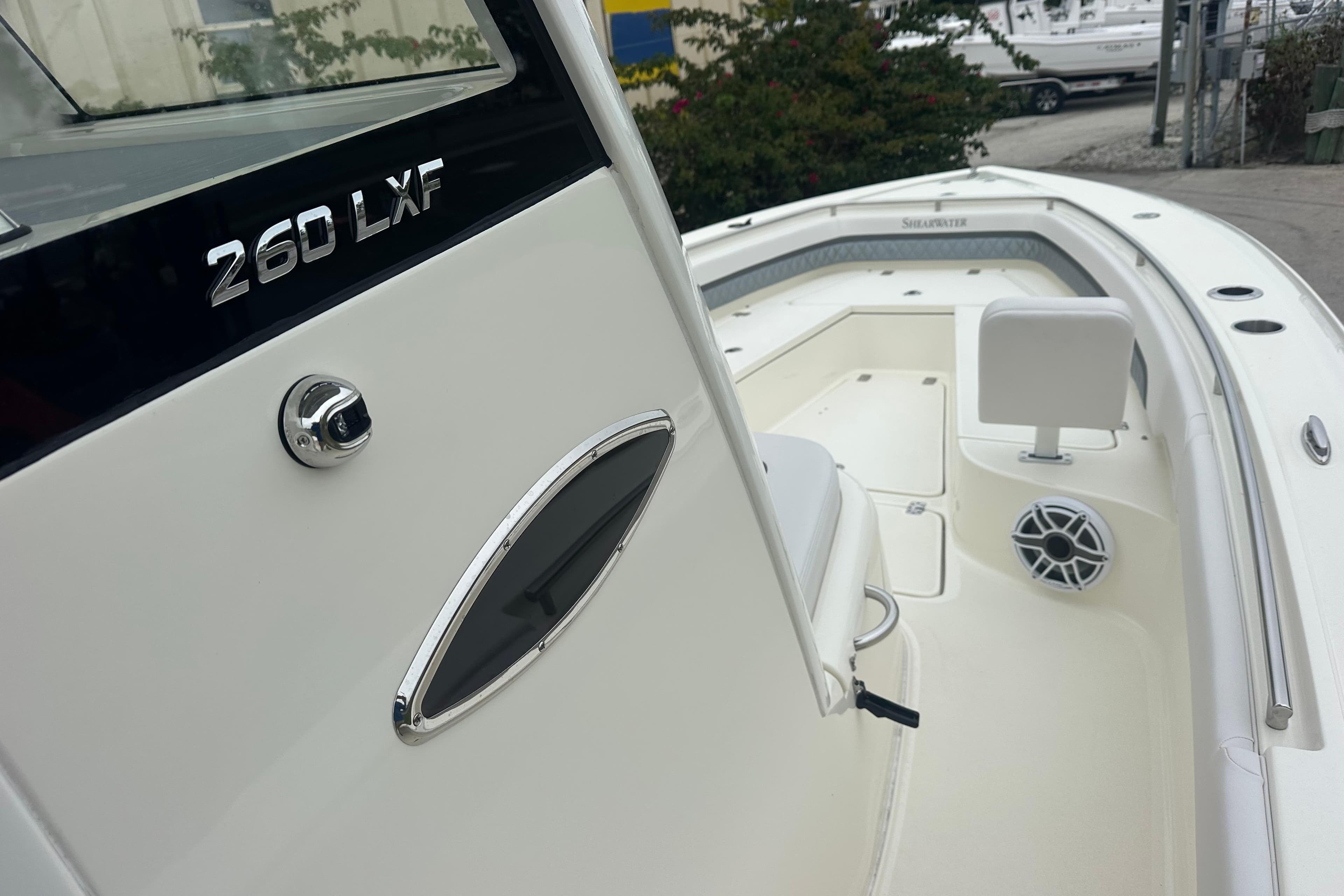 2026 ShearWater 260 SS Carolina boat interior with seating and speaker detail.