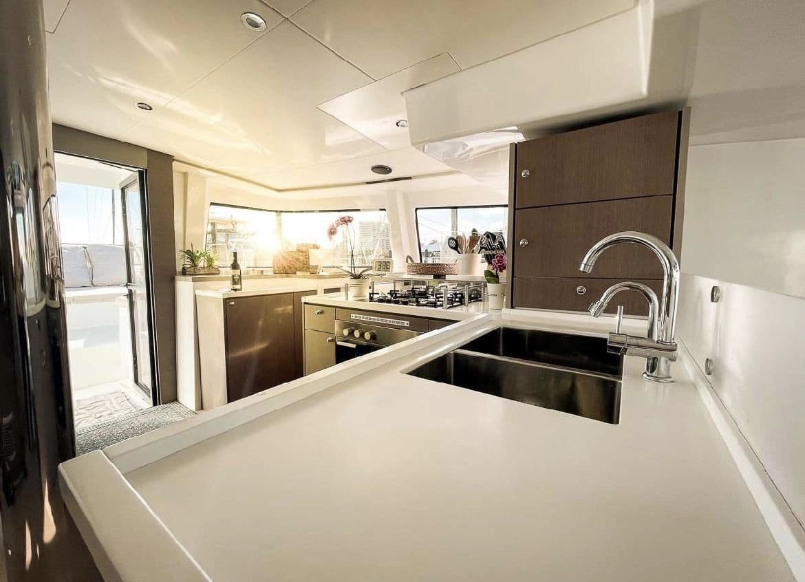 Modern kitchen on Bali 4.8 yacht, year 2021.