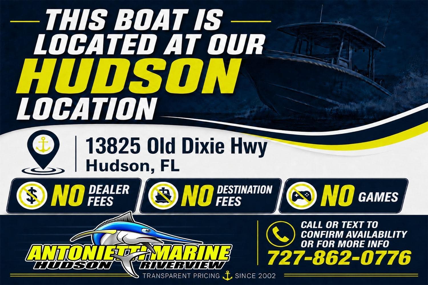 2026 Stingray 211 DC boat available at Hudson location, no dealer fees, call 727-862-0776.