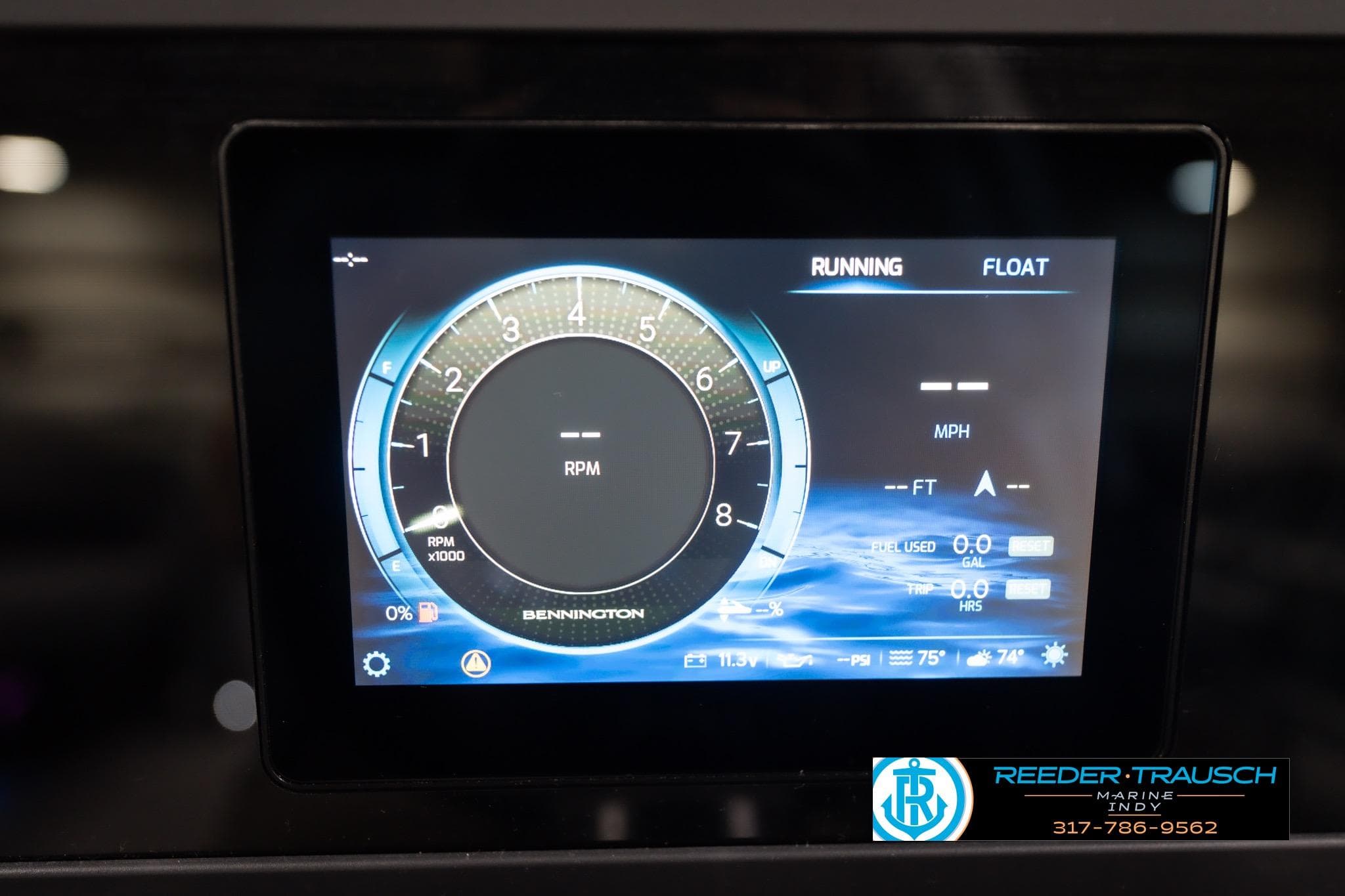 Digital dashboard of 2026 Bennington 22 MFB boat displaying RPM and speed metrics.