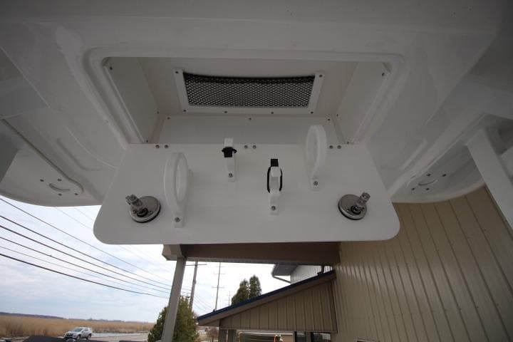 2026 Sea Fox 268 Traveler boat underside view with fittings and ventilation.