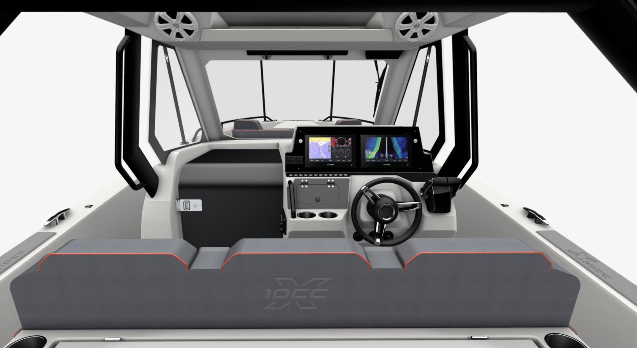 Interior of 2025 Zodiac X10CC boat with modern dashboard and steering wheel.