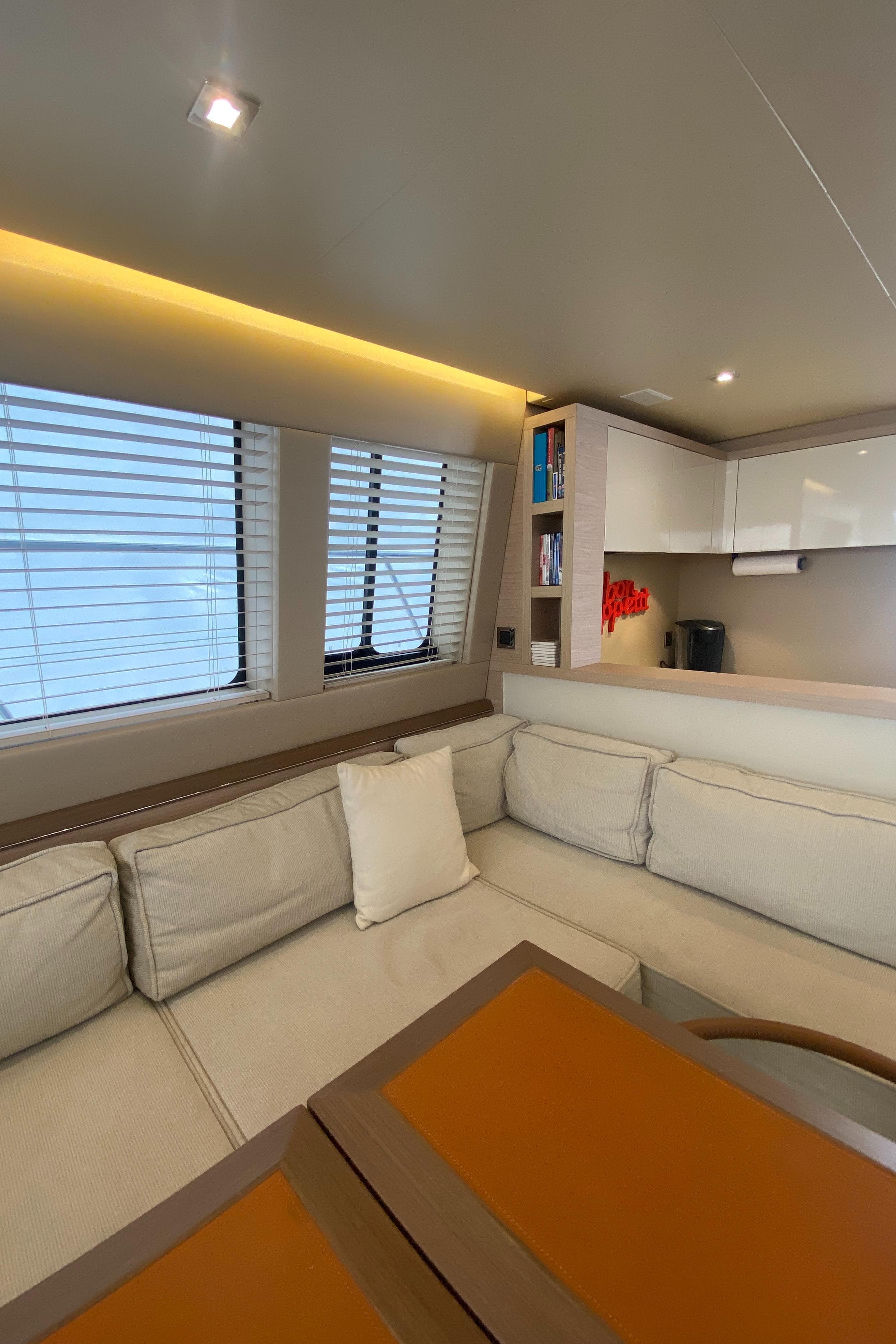 Luxurious interior of 2017 Beneteau Monte Carlo MC6 yacht with elegant seating and modern design.