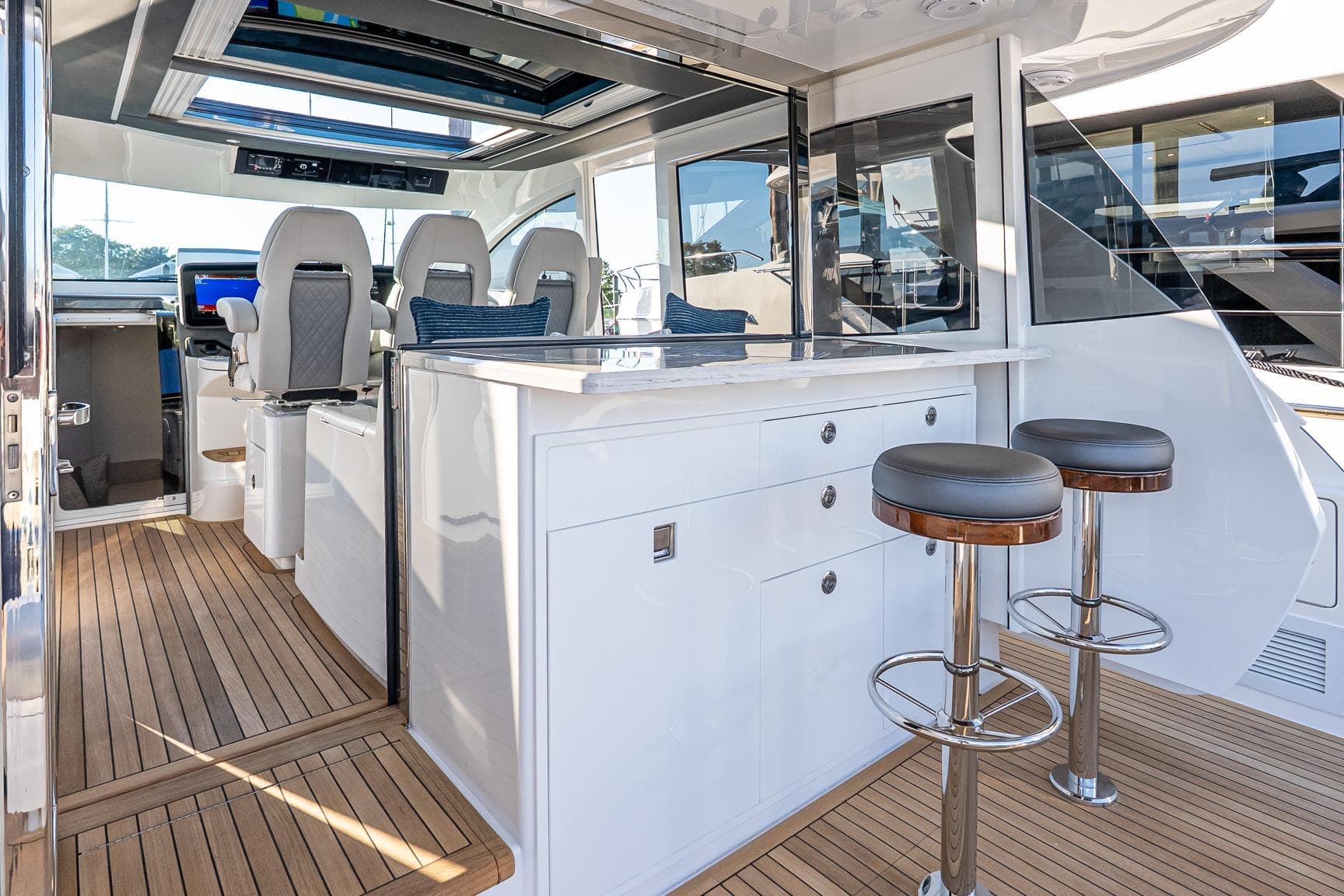 2026 Valhalla V-55 Sport Yacht interior with sleek seating and modern design.