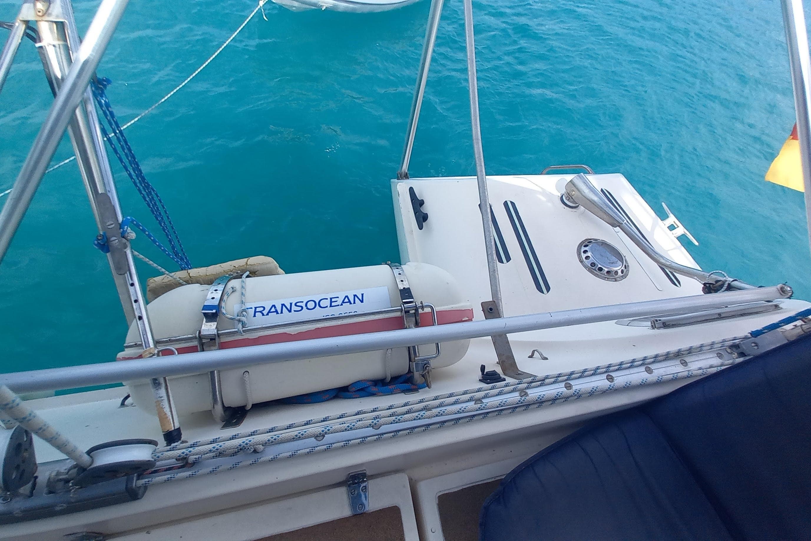 Fountaine Pajot Antigua 37 yacht deck with Transocean equipment, 1993 model, on turquoise water.
