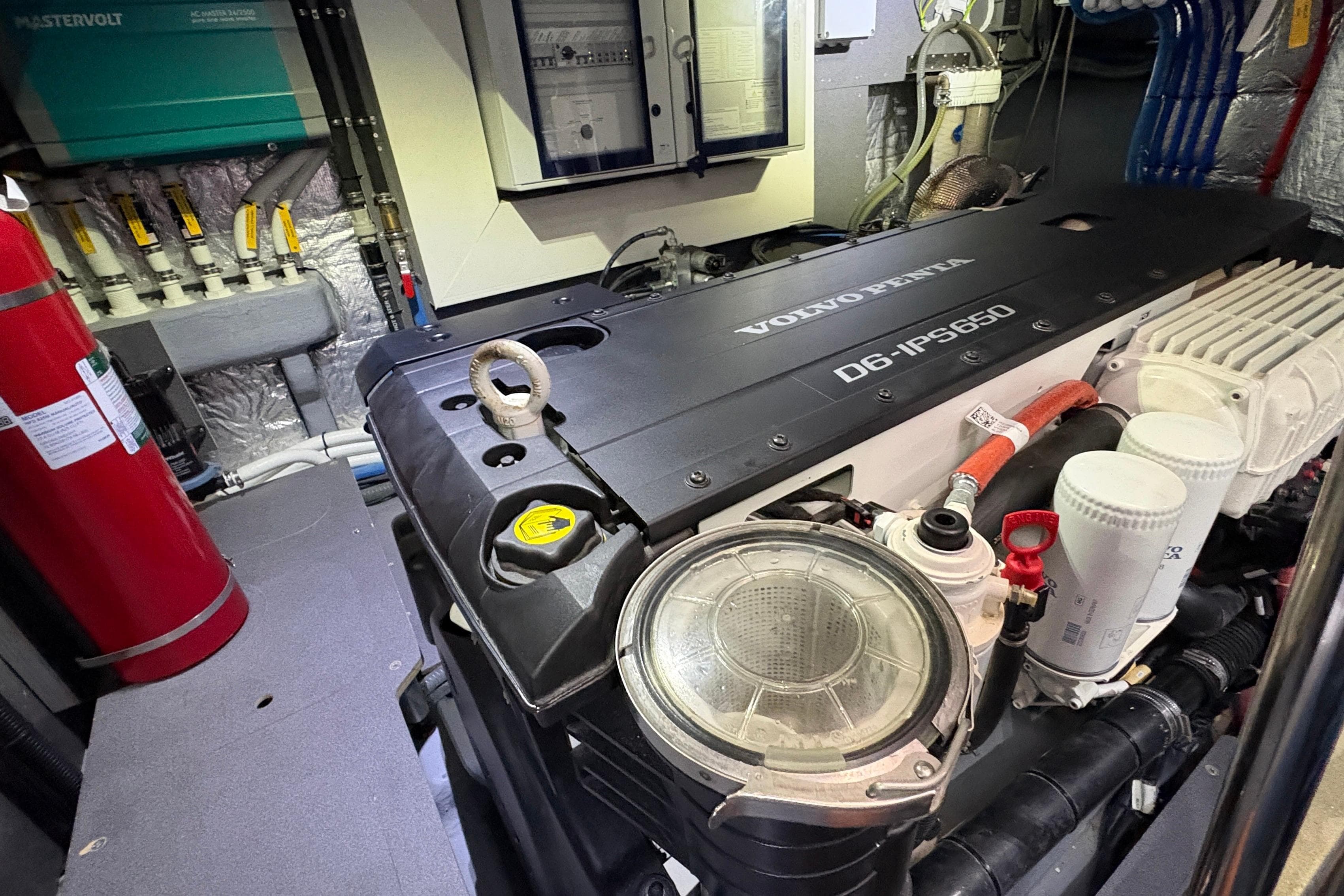 Engine room of 2020 Absolute Navetta 52 with Volvo Penta D6-IPS650 engine.