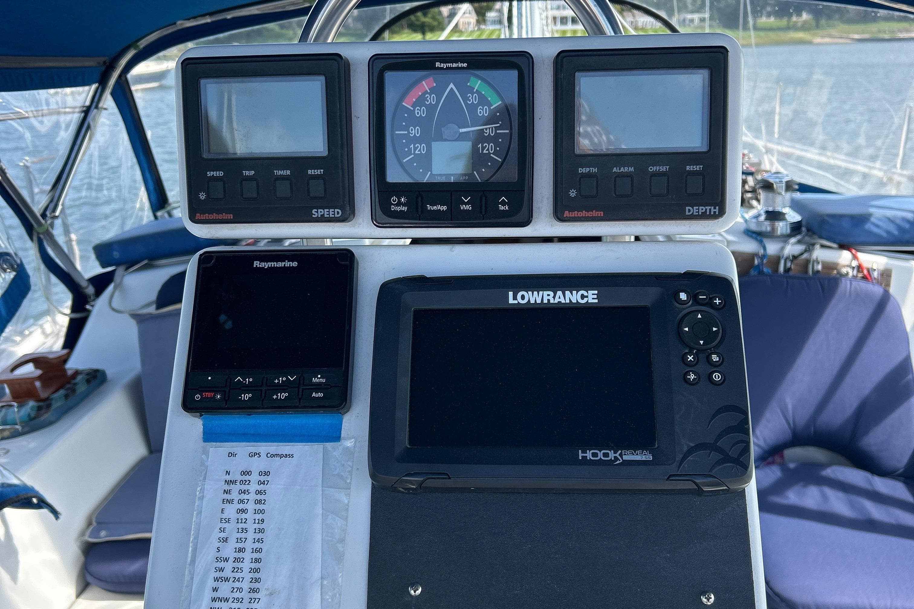 Cockpit navigation instruments on a 1998 Catalina 36MKII sailboat, featuring Raymarine and Lowrance displays.