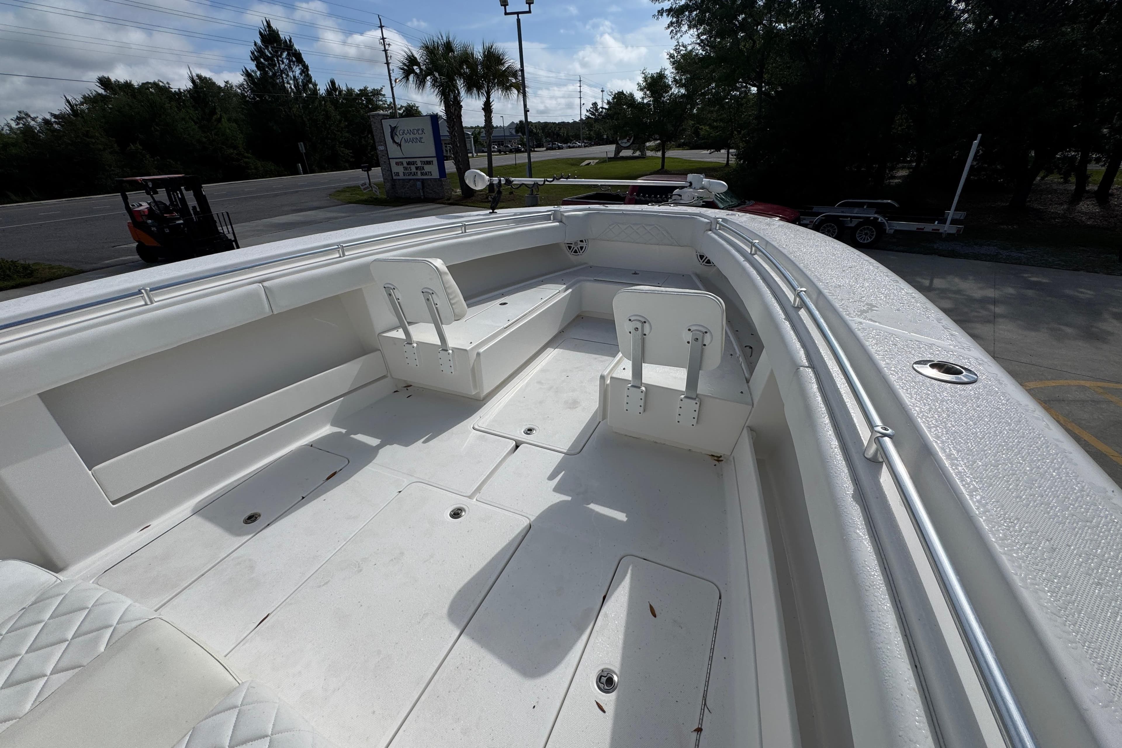 2017 Invincible 39 Open Fisherman boat interior with seating and storage compartments.