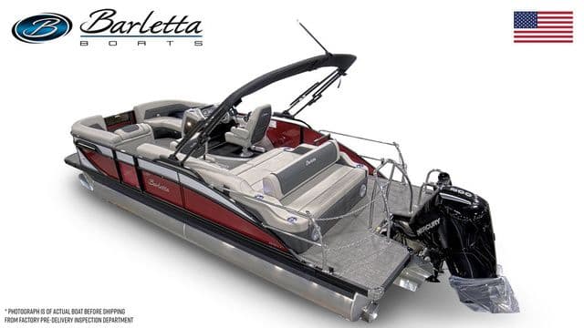 2026 Barletta Boats Cabrio 22U pontoon with sleek design and powerful Mercury outboard motor.