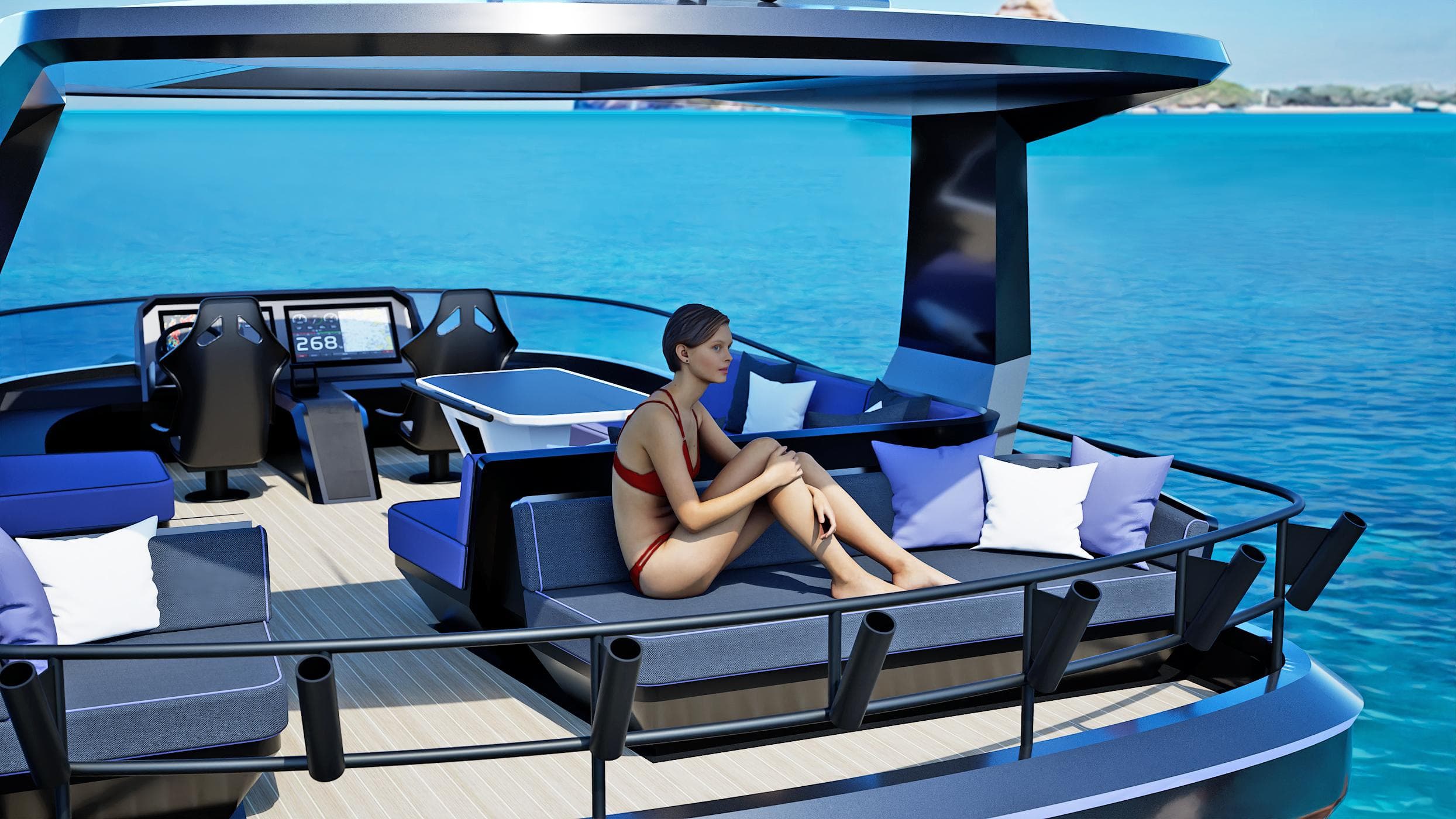 2024 Infiniti 60 Powercat GT luxury yacht with woman relaxing on deck.