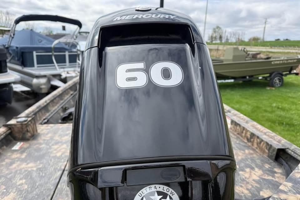 Mercury 60 horsepower outboard motor on 2021 Crestliner 1760 Retriever SC boat.