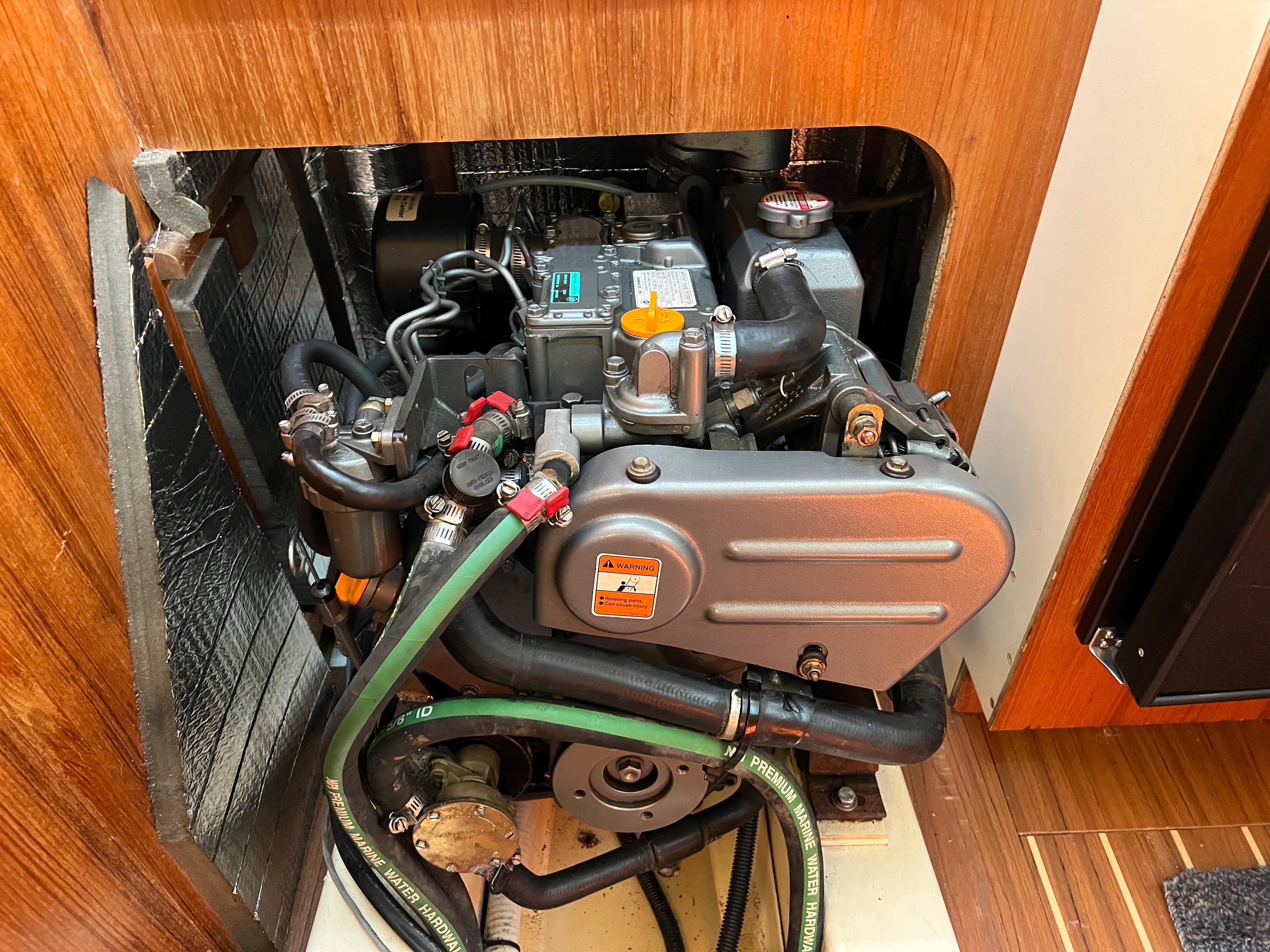 Engine compartment of a 2006 Hunter 33 sailboat.