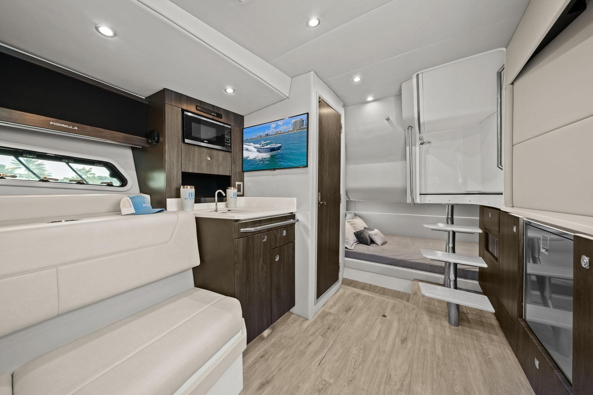 Luxurious interior of 2025 Formula 400 Super Sport Crossover yacht with modern amenities.