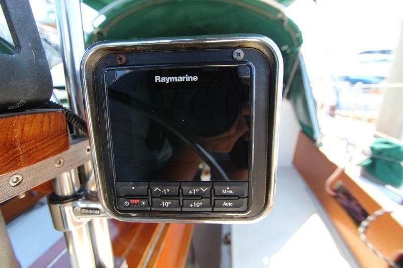 Raymarine navigation device on a 1978 Bristol 40 sailboat cockpit.