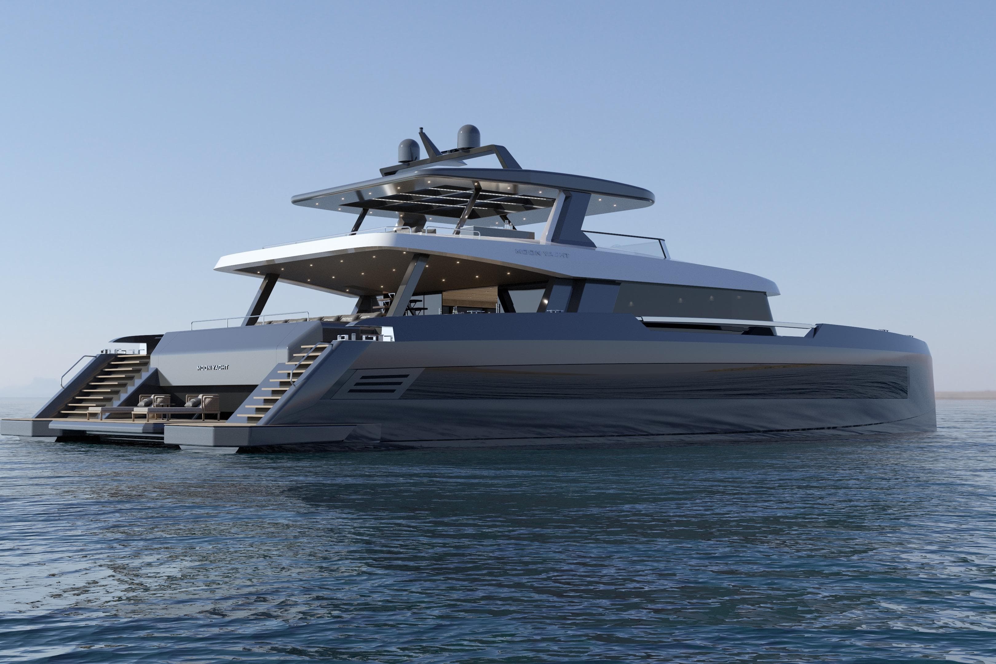 Luxurious 2027 Moon 9ty yacht on calm waters, showcasing sleek modern design.