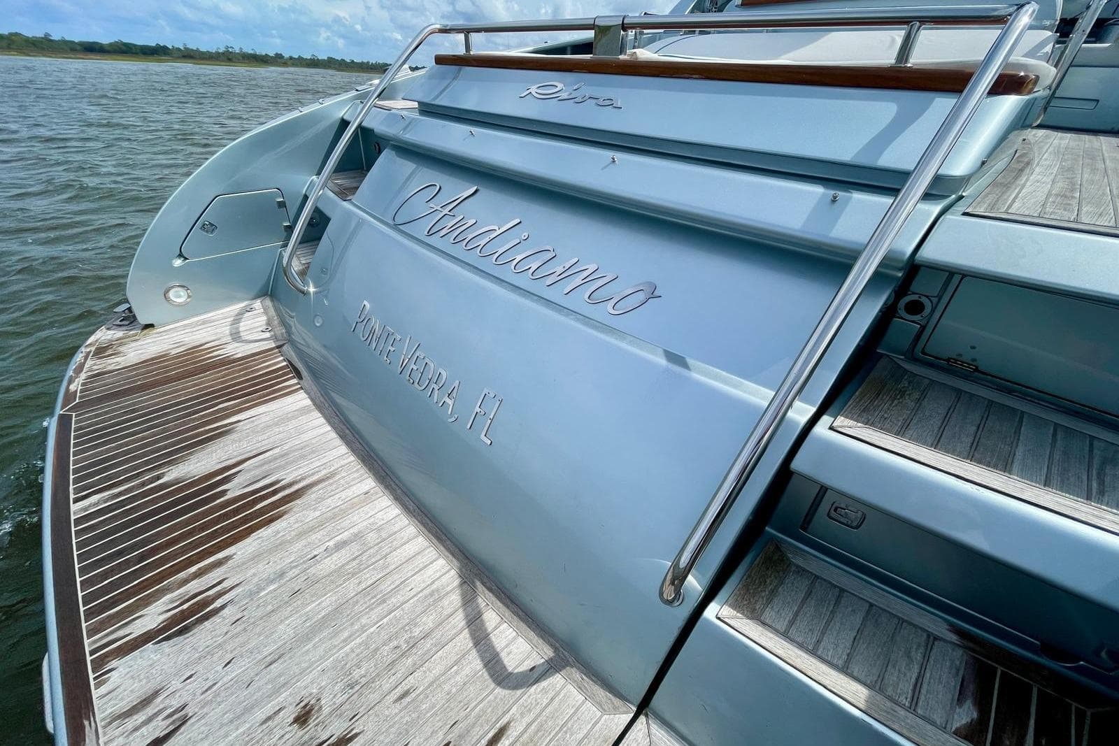 2016 Riva 63 Virtus yacht, rear view, docked in Ponte Vedra, FL.