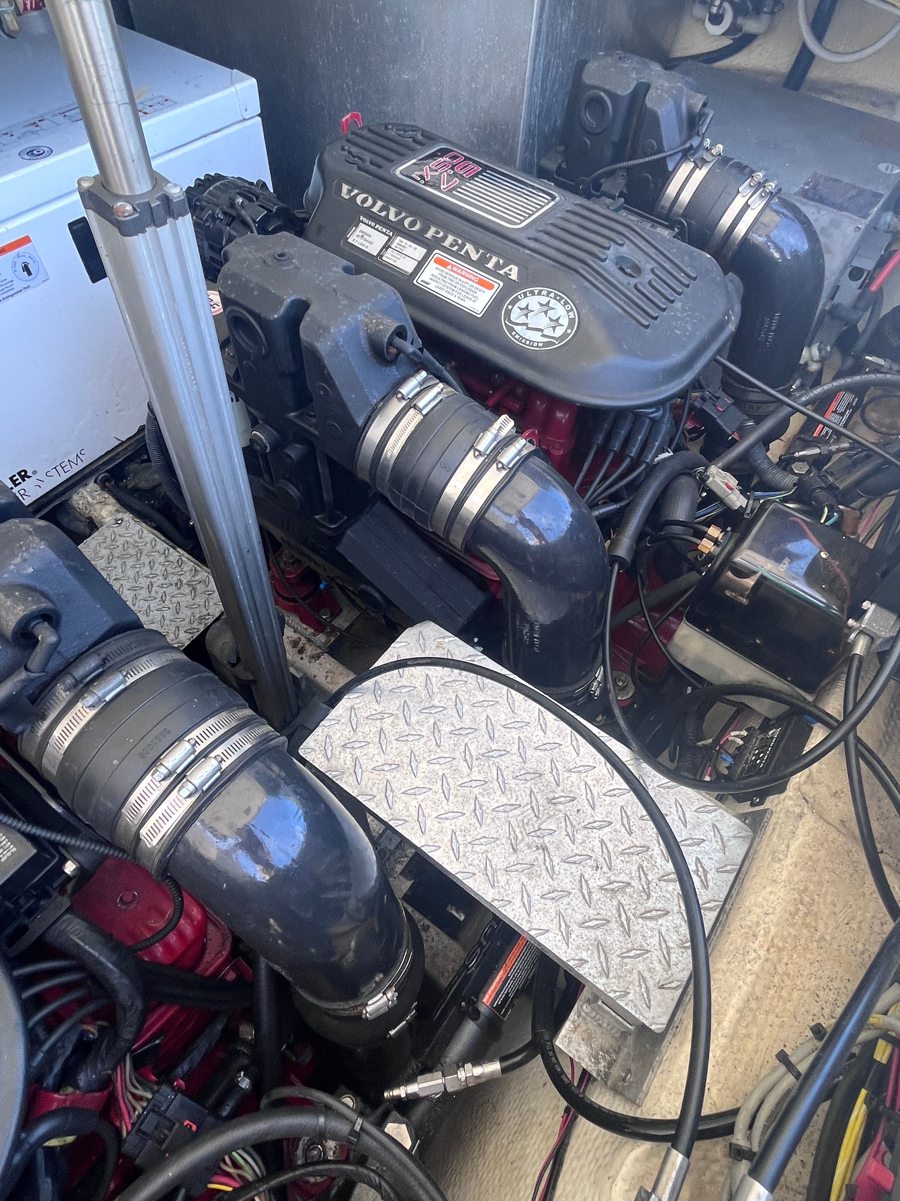 Engine room of 2007 Regal 3360 Window Express with Volvo Penta engines.