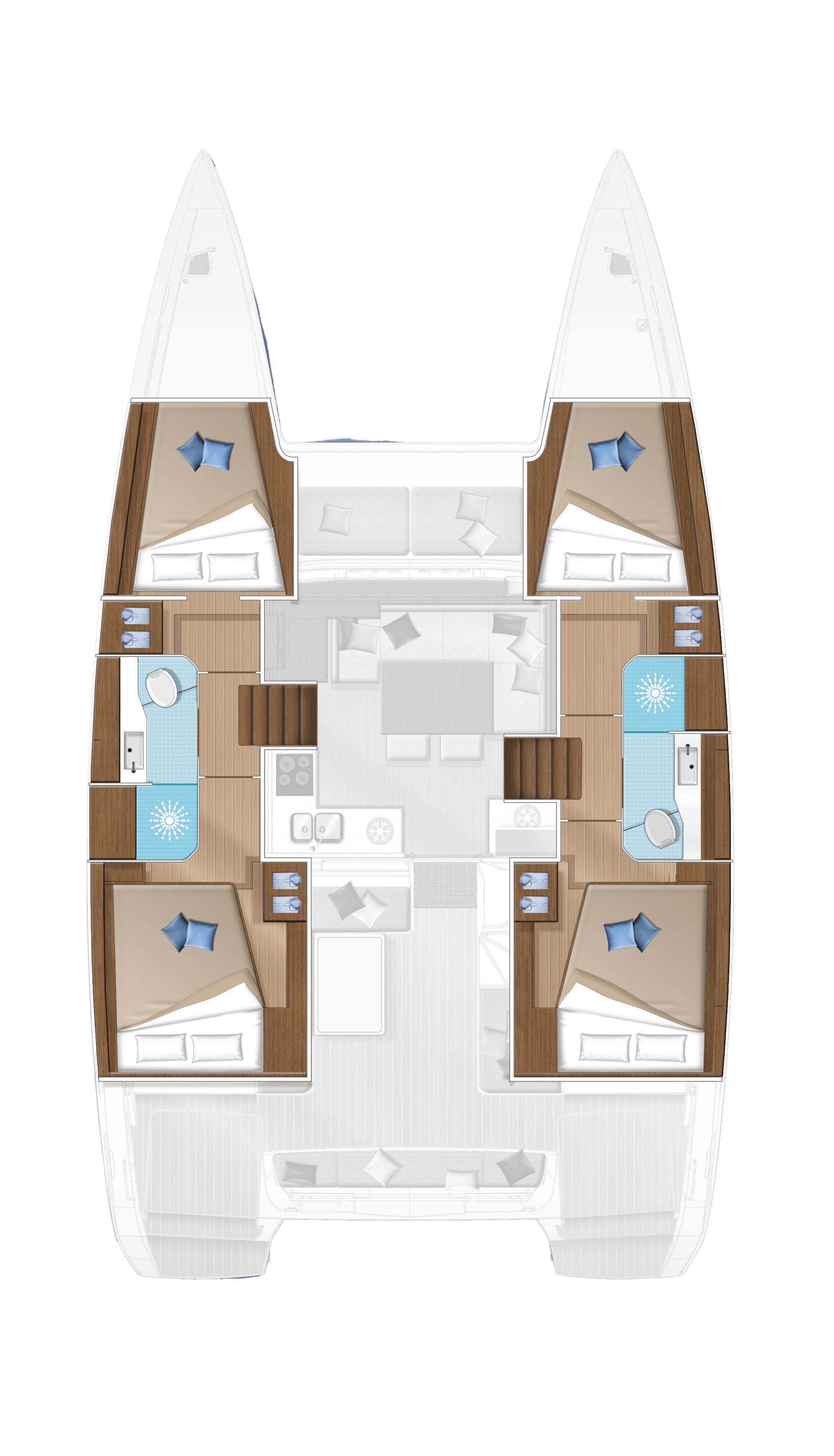Floor plan of a 2020 Lagoon 40 catamaran, featuring four cabins and bathrooms.