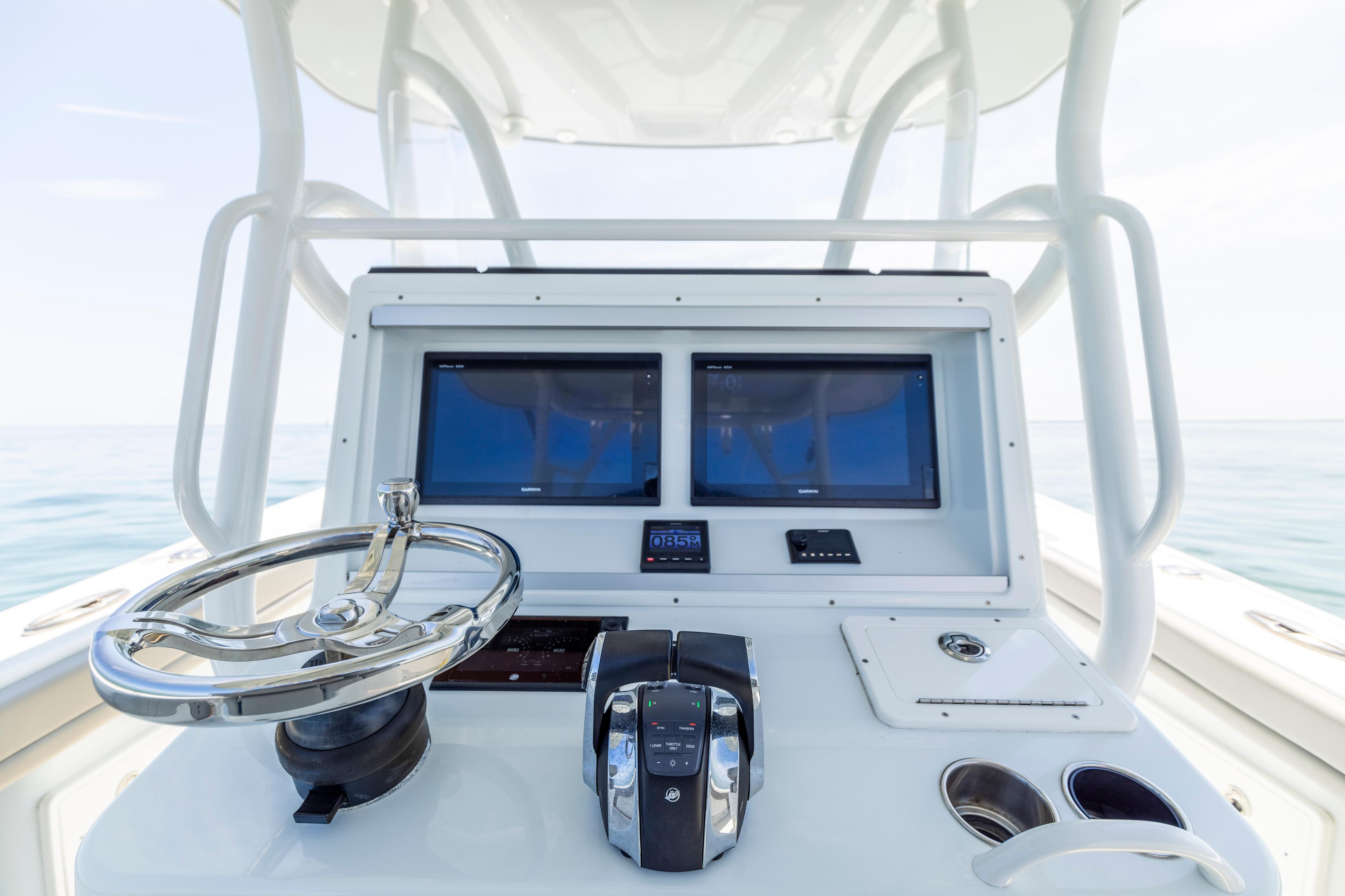 2018 Yellowfin 32 Offshore boat helm with dual screens.