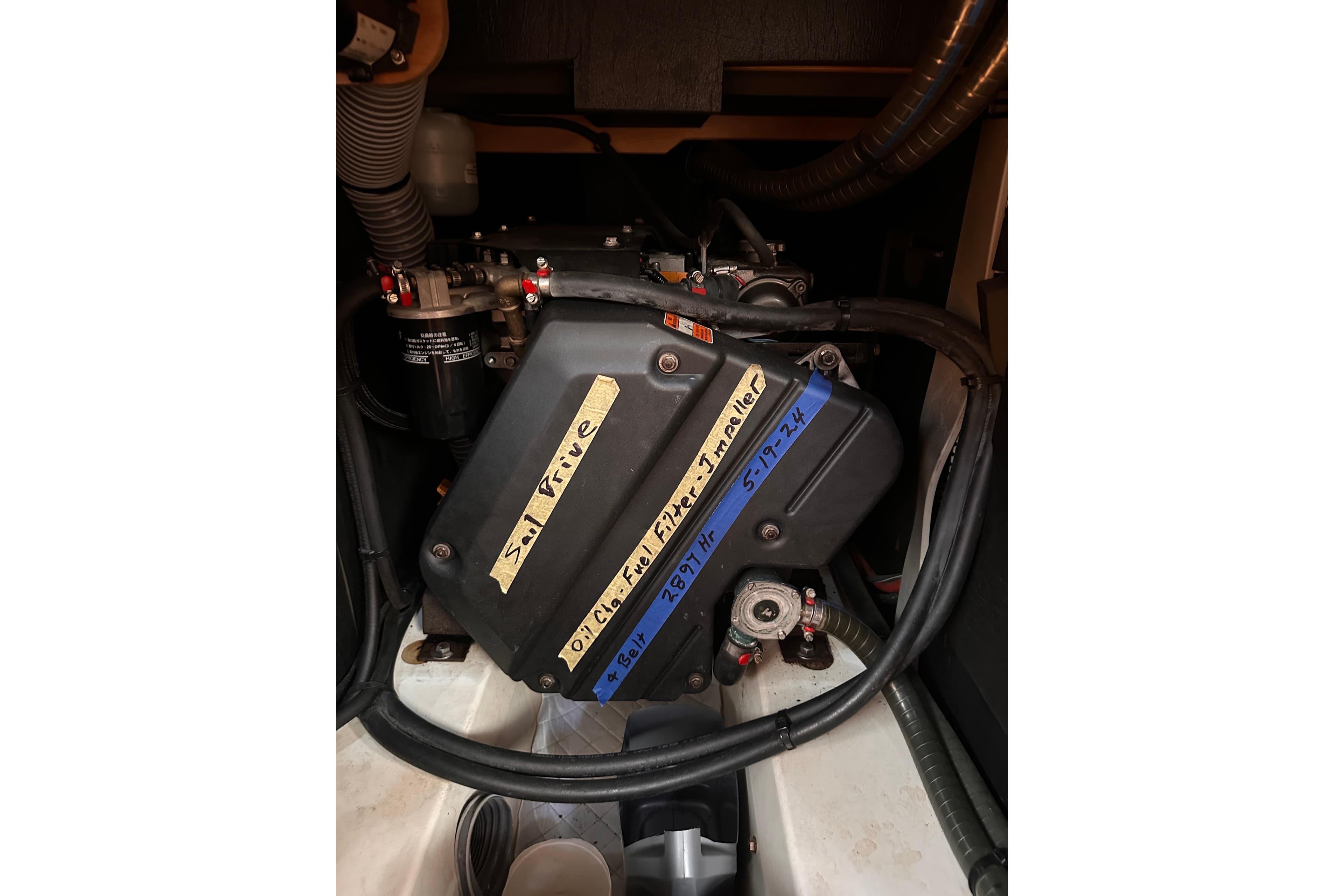 Engine compartment of 2015 Jeanneau Sun Odyssey 469 sailboat, featuring labeled components.