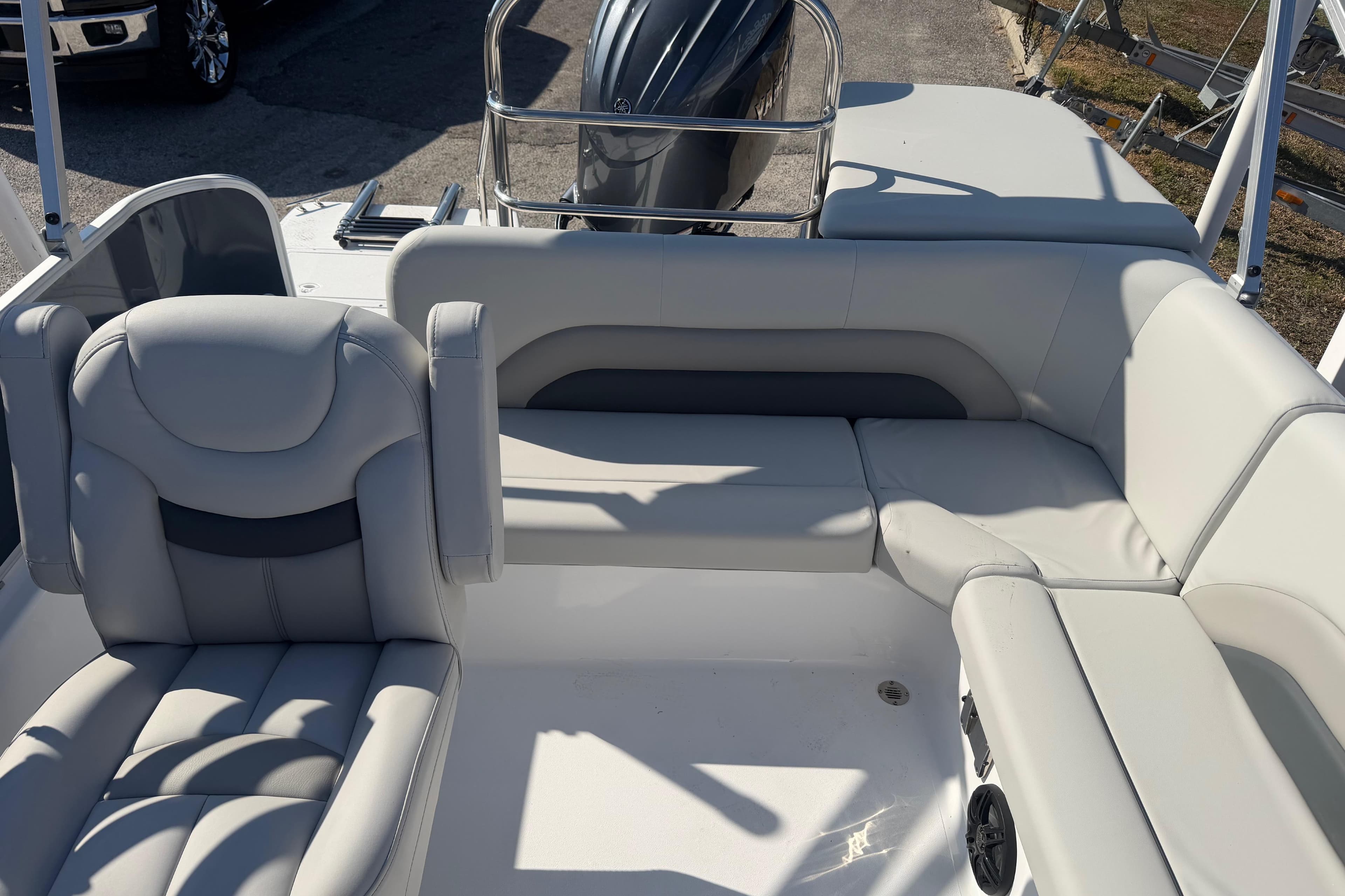 2026 Hurricane FunDeck 198 RE OB boat interior with plush seating and modern design.