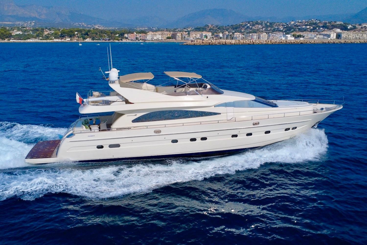 Luxury 2003 Astondoa 82' GLX yacht cruising on blue ocean near coastline.