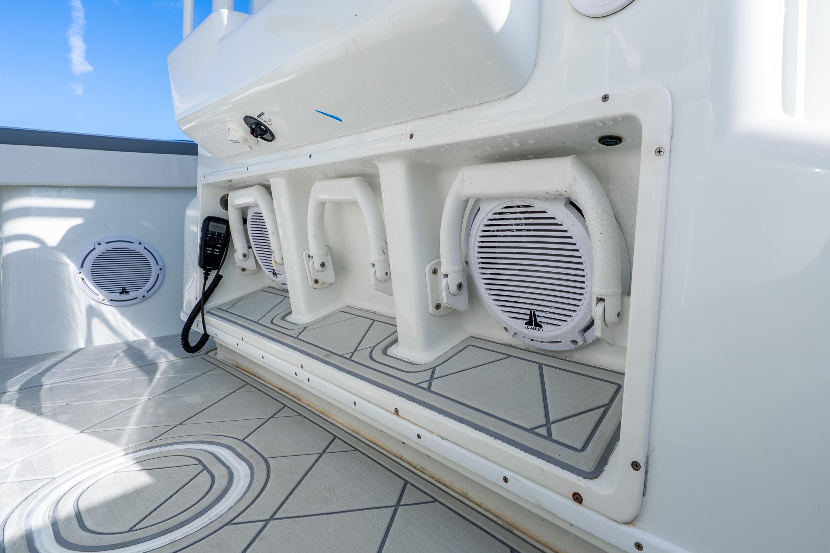 2015 Yellowfin 42 Offshore boat interior with speakers and modern design.
