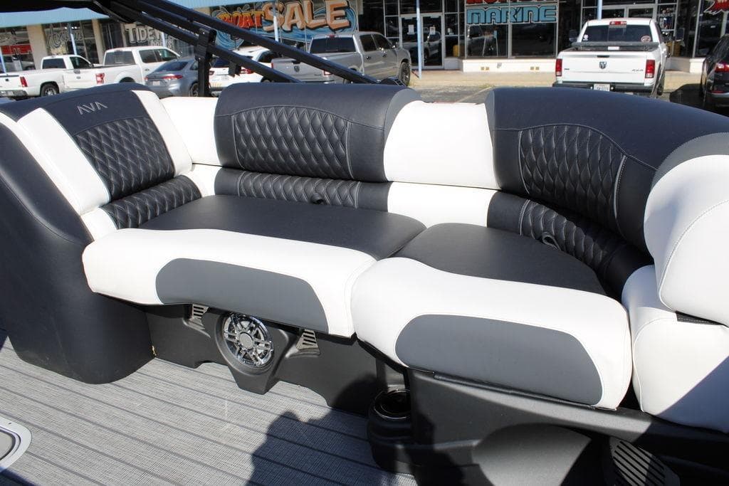 2026 Avalon Catalina Cruise Rear Bench, luxurious black and white seating, outdoor setting.