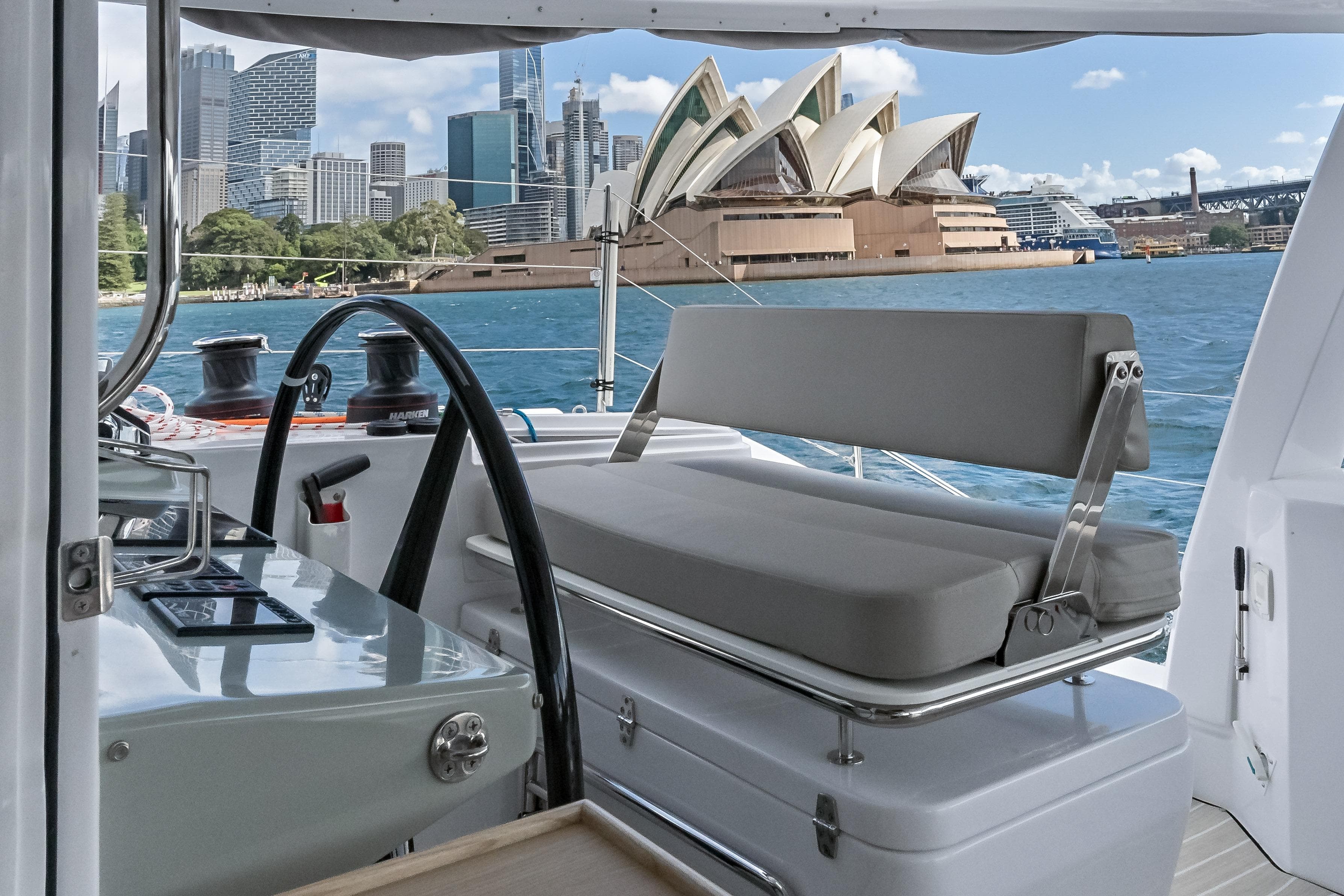 Seawind 1370 yacht interior with Sydney Opera House view, 2026 model.