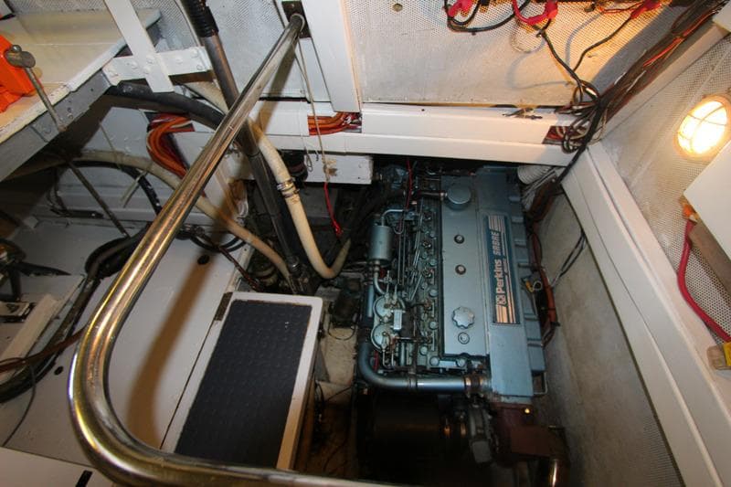 Engine room of a 1978 Bowman 66 boat, featuring a Perkins engine.