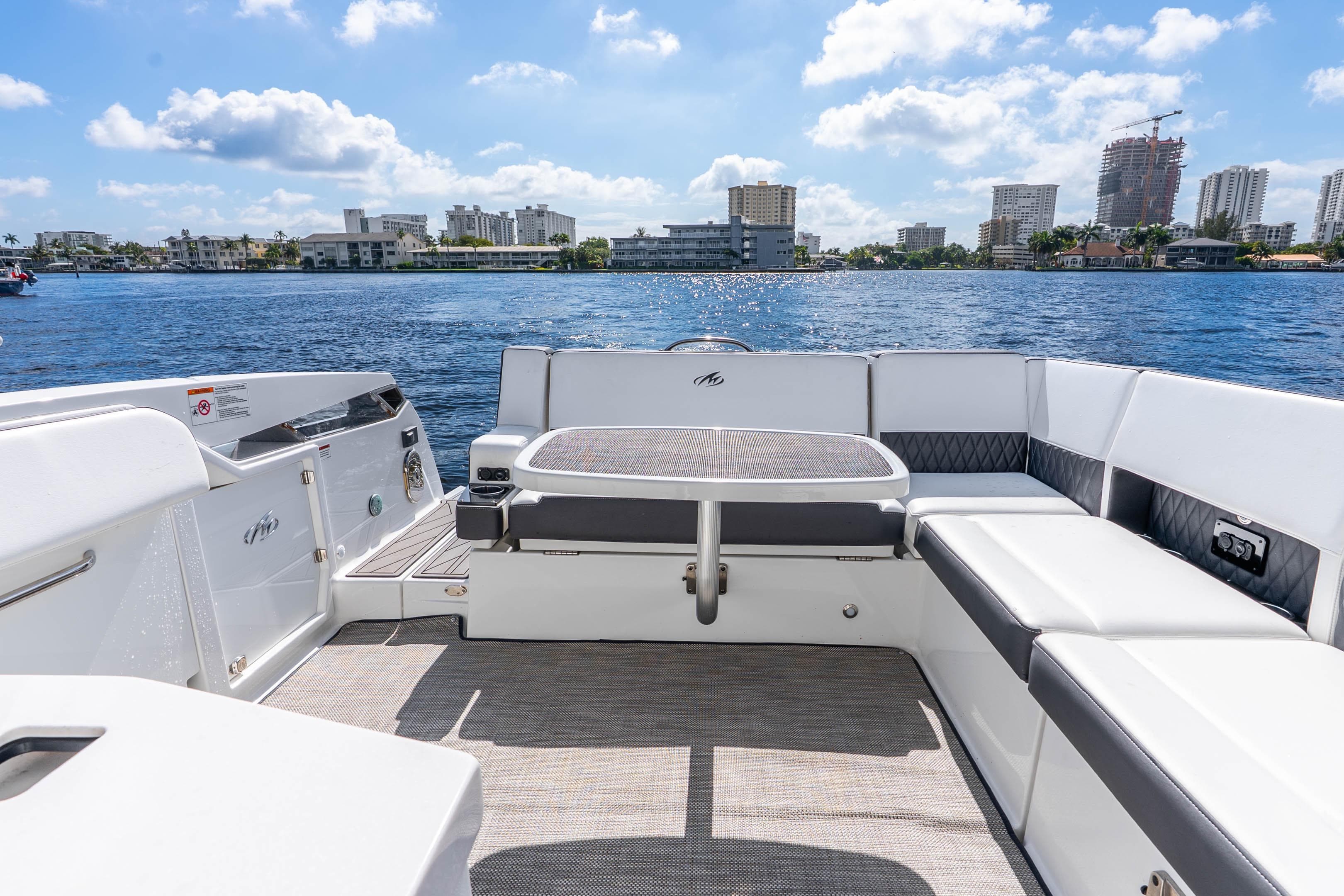 2022 Monterey 378SS Super Sport boat interior with waterfront cityscape view.