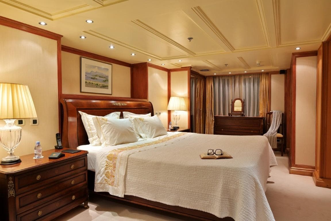 Luxurious bedroom interior on the 1943 Canadian Vickers CHRISTINA O yacht.