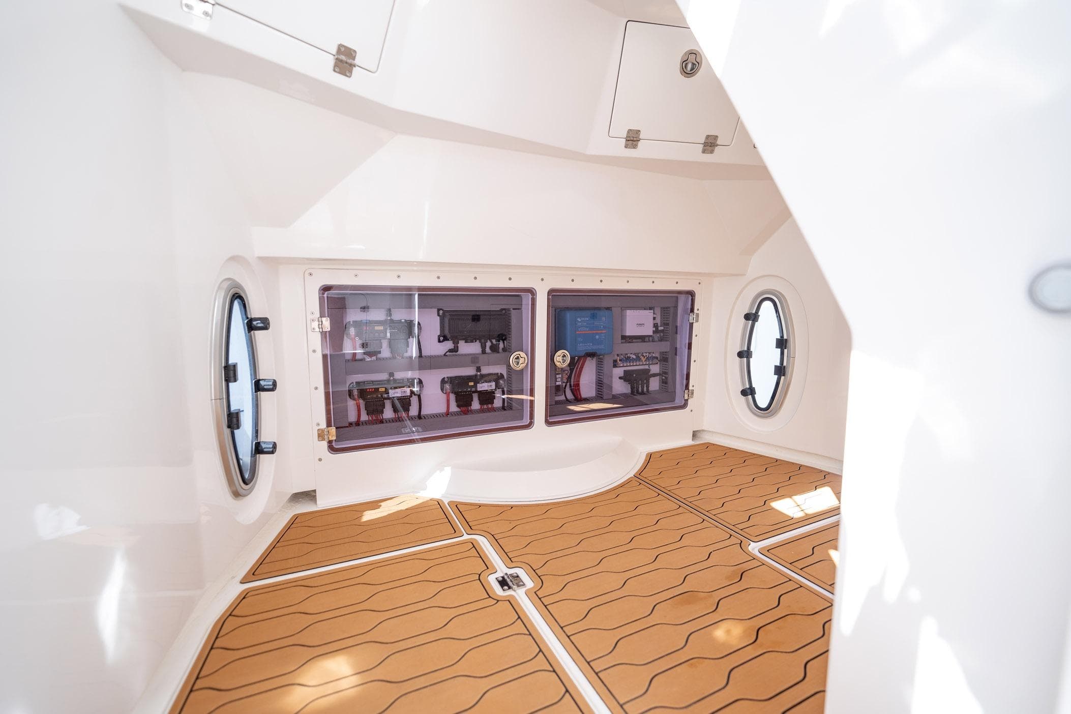 Interior of 2026 MVI Invicta 30OC boat, featuring modern equipment and sleek design.