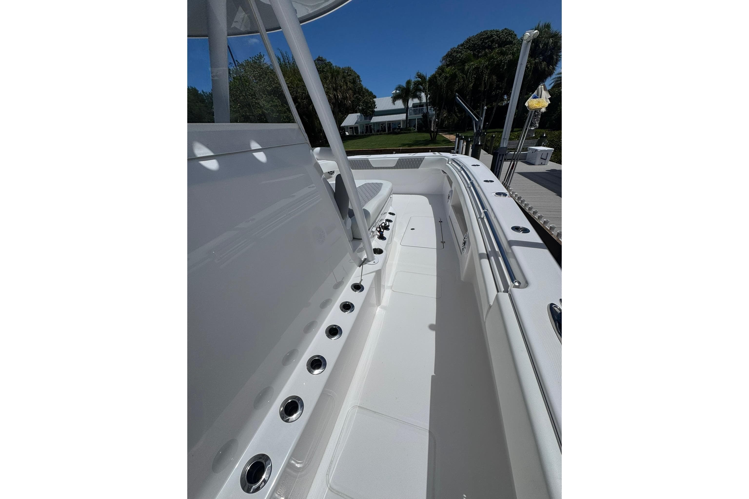 2024 Invincible 35 Catamaran deck view, showcasing sleek design and spacious layout.