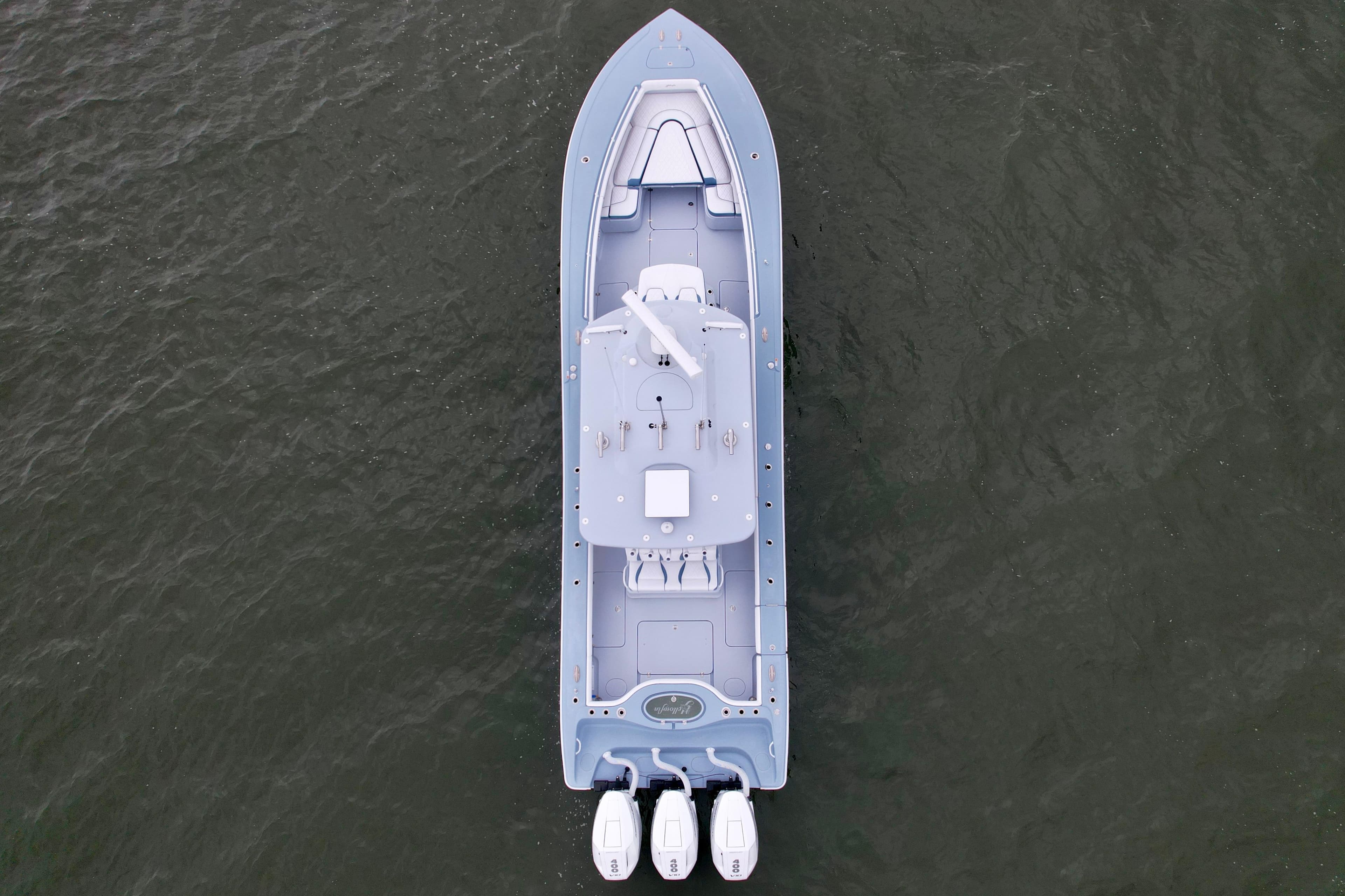 Aerial view of 2025 Yellowfin 36 Offshore boat on water.