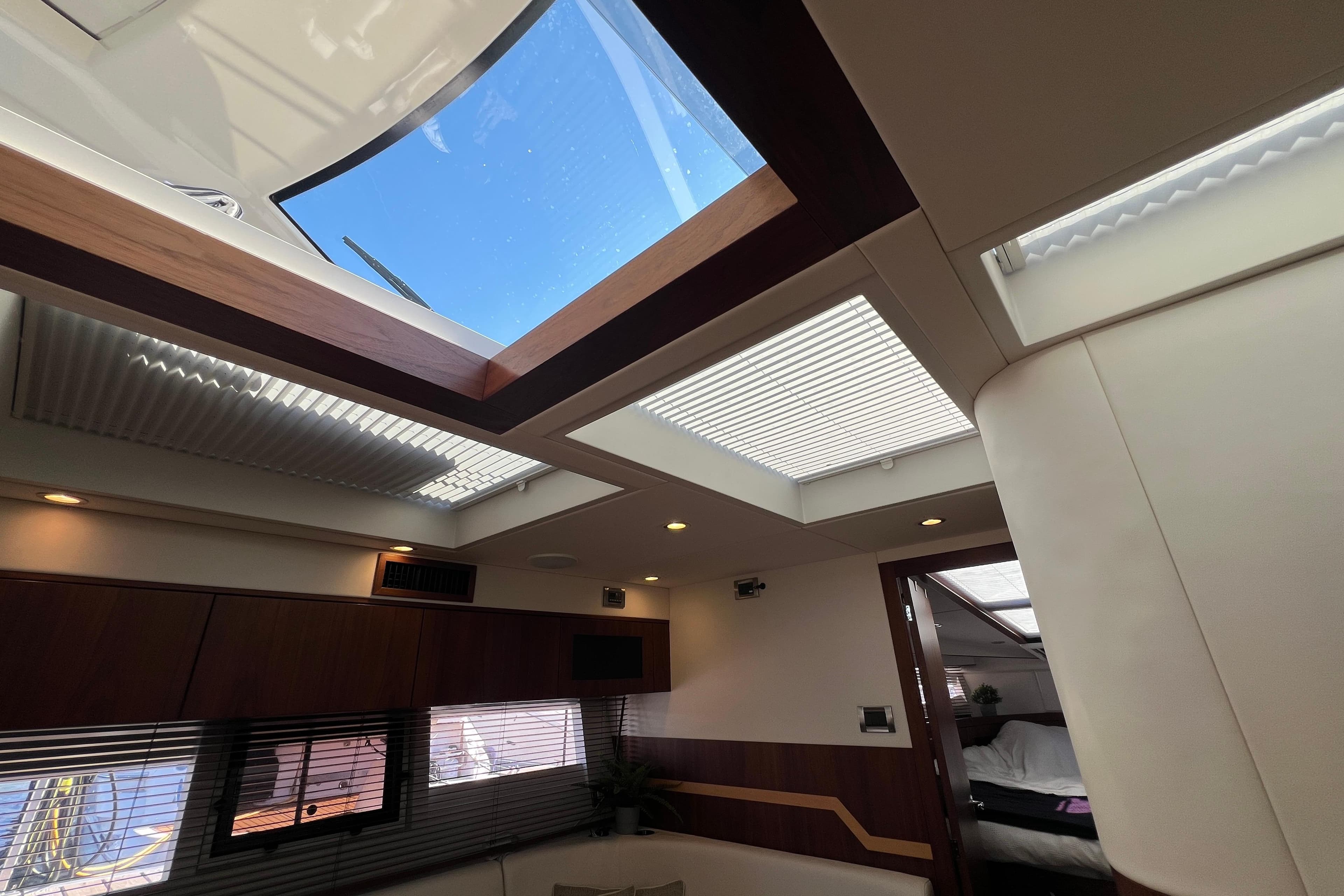 Interior view of 2016 Galeon 405 HTS yacht with skylights and modern design.