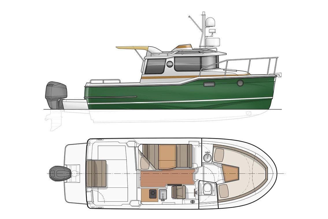 Manufacturer Provided Image: 2020 Ranger Tugs R-23 boat, side and top view, green hull, detailed layout.