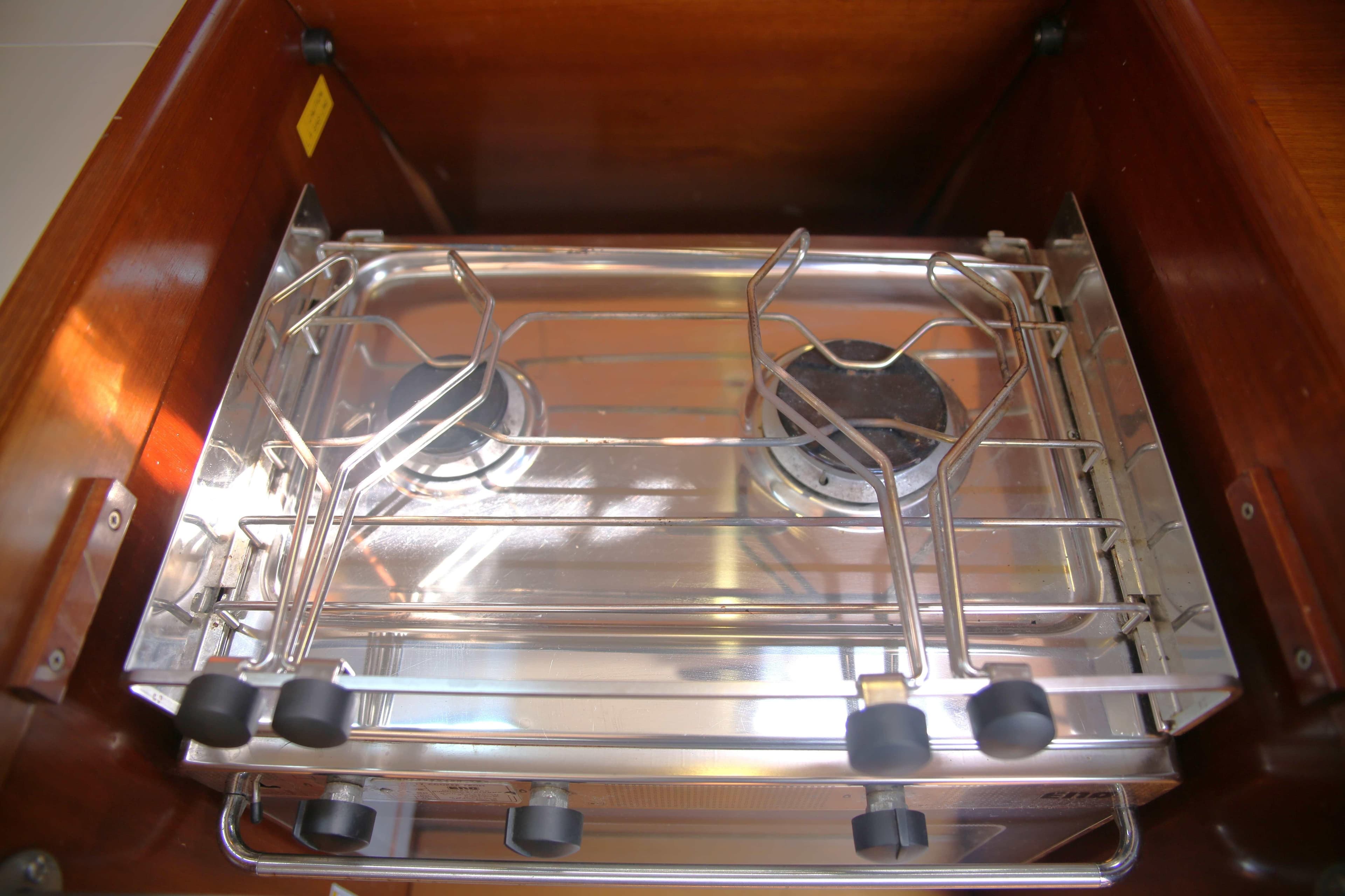 Two-burner stove in 2005 Beneteau First 47.7 yacht kitchen.