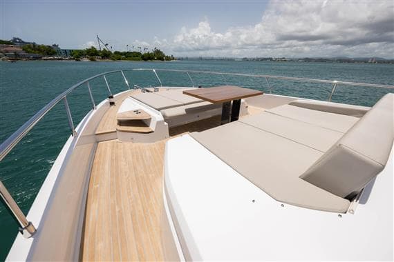 2023 Ferretti Yachts 720 deck with luxurious seating and ocean view.