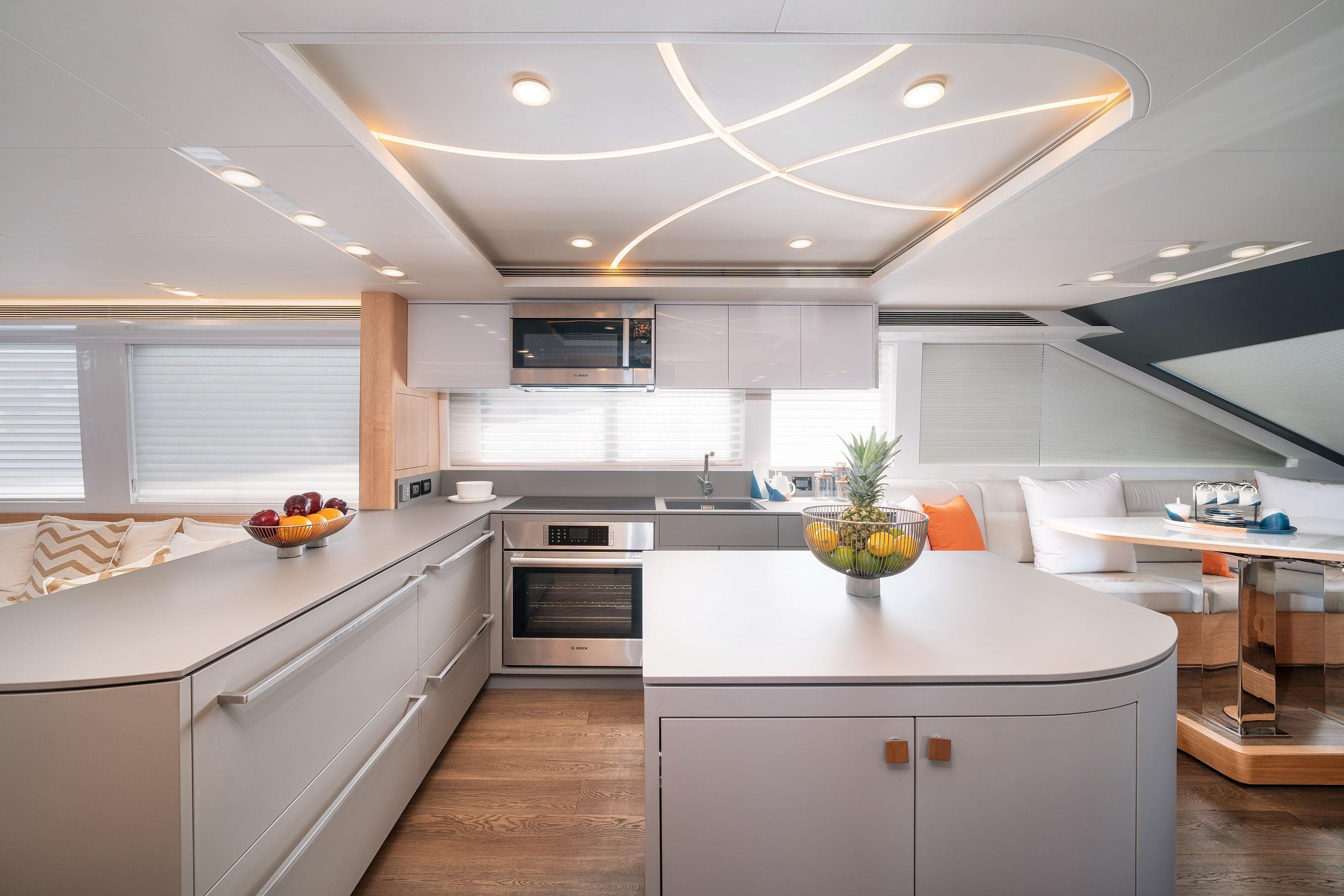 Luxurious kitchen interior of 2024 CL Yachts CLB72, featuring modern design and elegant lighting.