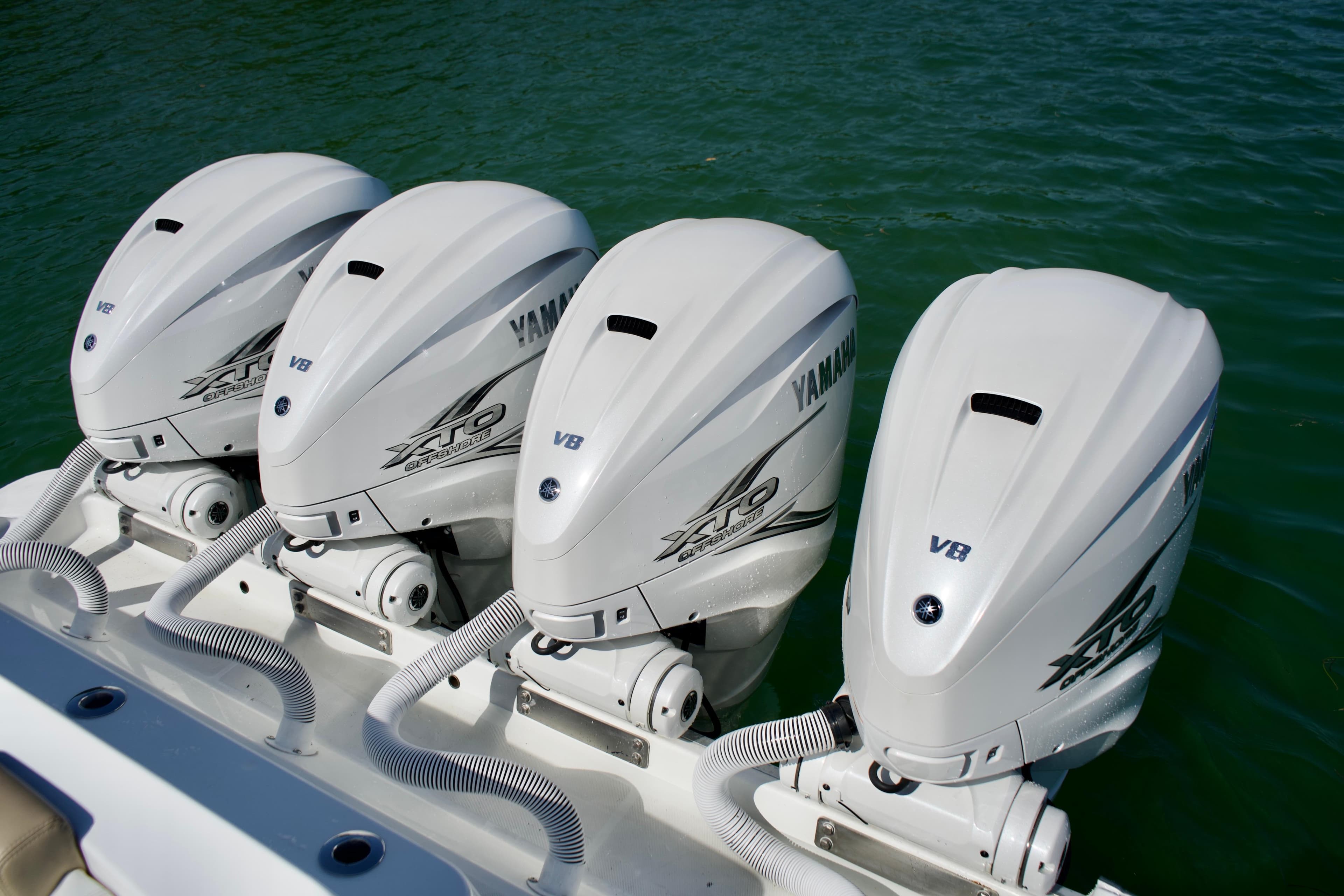 Four Yamaha XTO V8 outboard engines on a 2019 HCB 53 Suenos boat.
