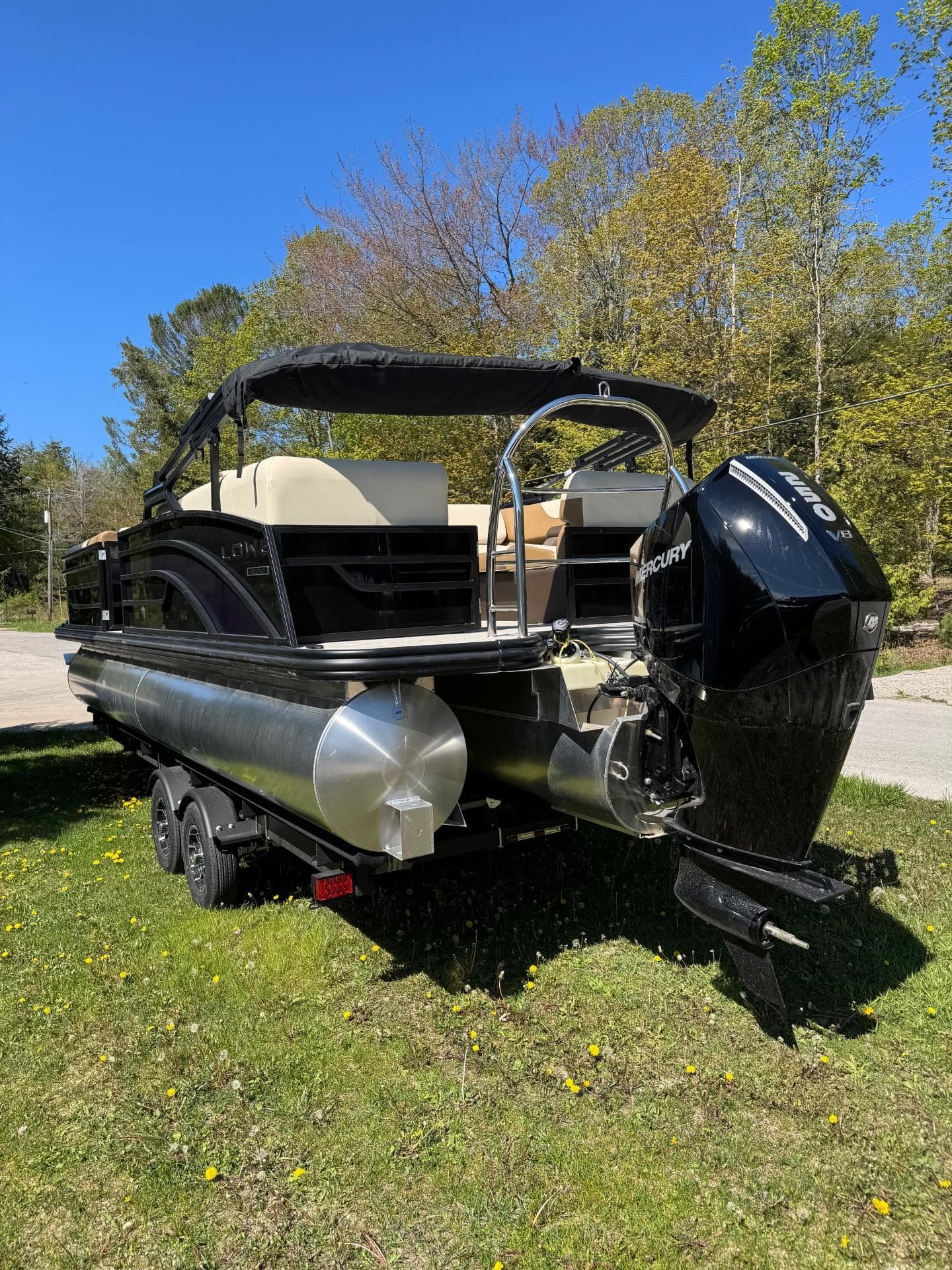2025 Lowe SS250WT pontoon boat with Mercury outboard motor on grassy area.
