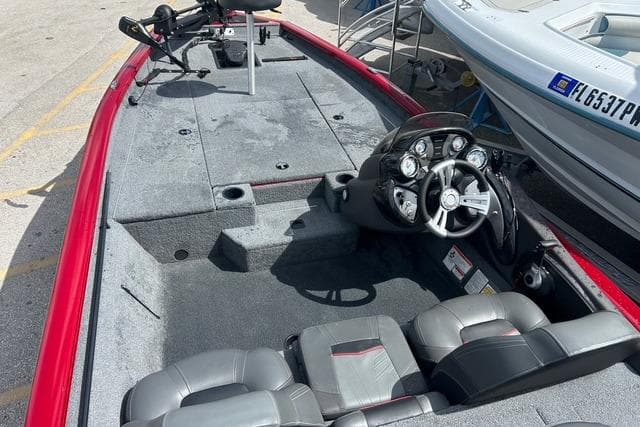 2022 Tracker Pro Team 190 TX Tournament Edition boat with red trim and dual seating.