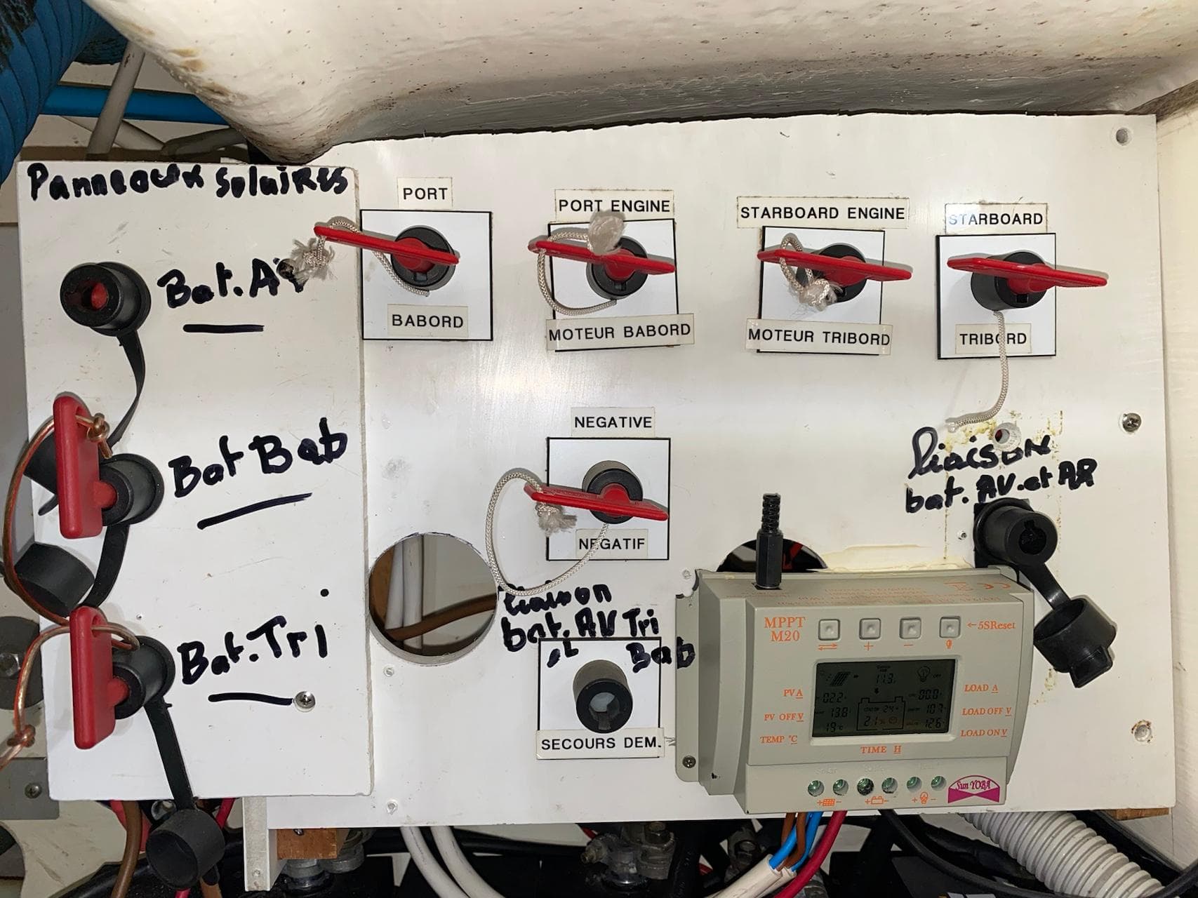 Electrical control panel on a 1999 Fountaine Pajot Athena 38 catamaran.