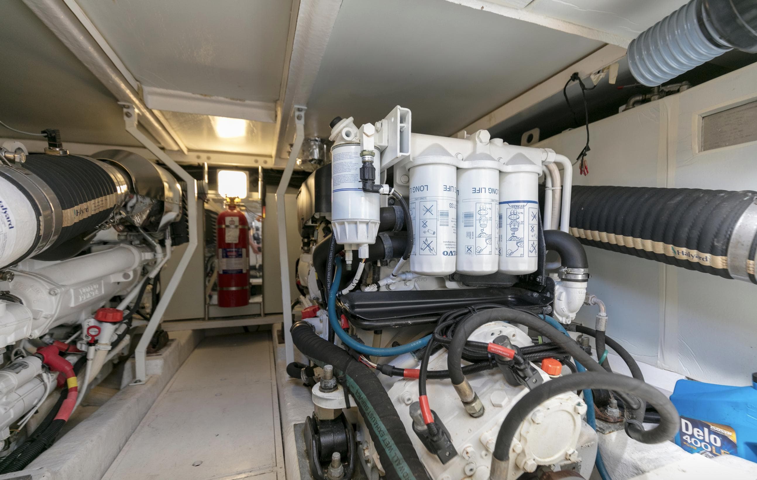 Engine room of a 2007 Viking Sport Cruiser, showcasing detailed mechanical components.