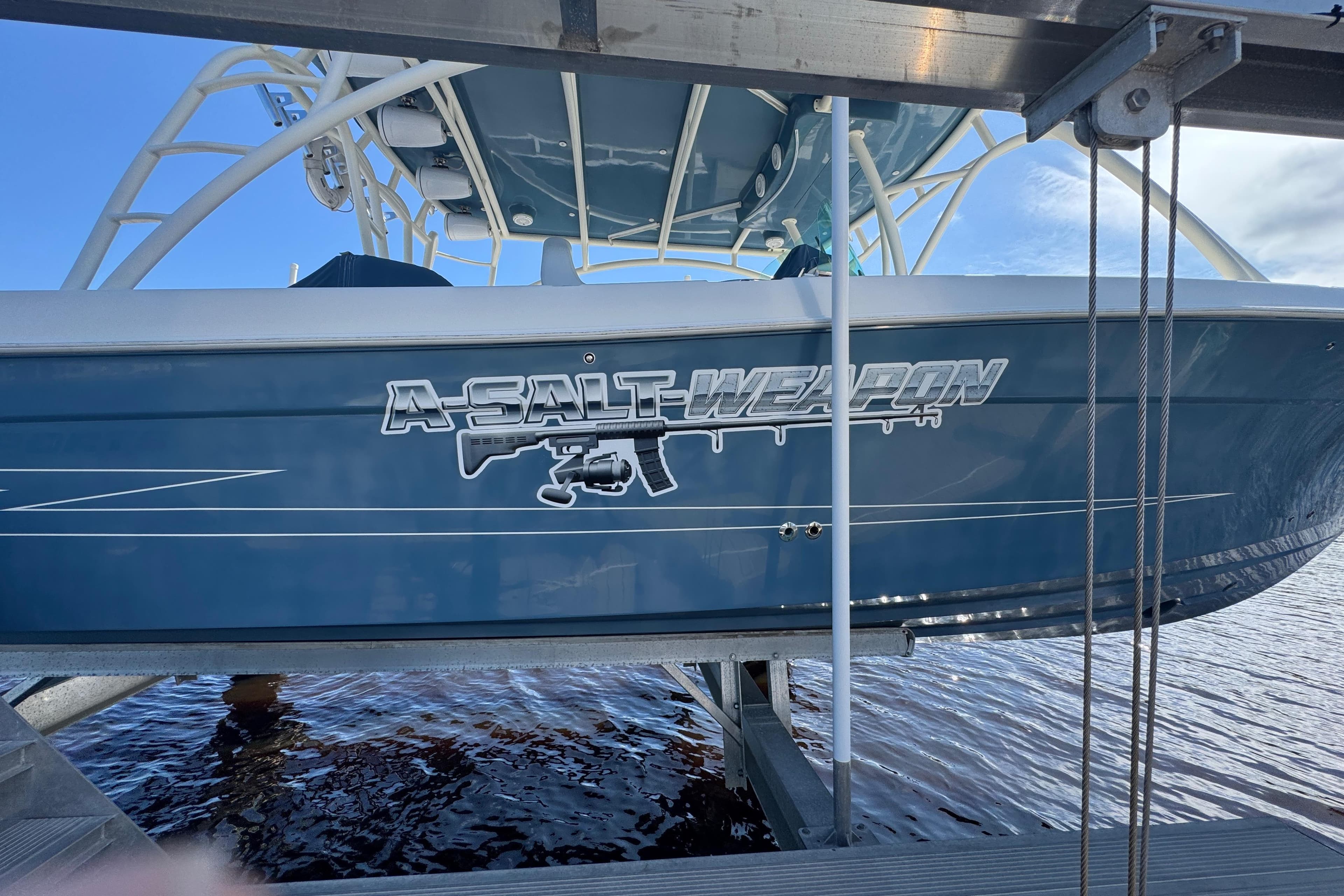 2012 Hydra-Sports 4200 Siesta boat with "A-Salt Weapon" graphic on the side.