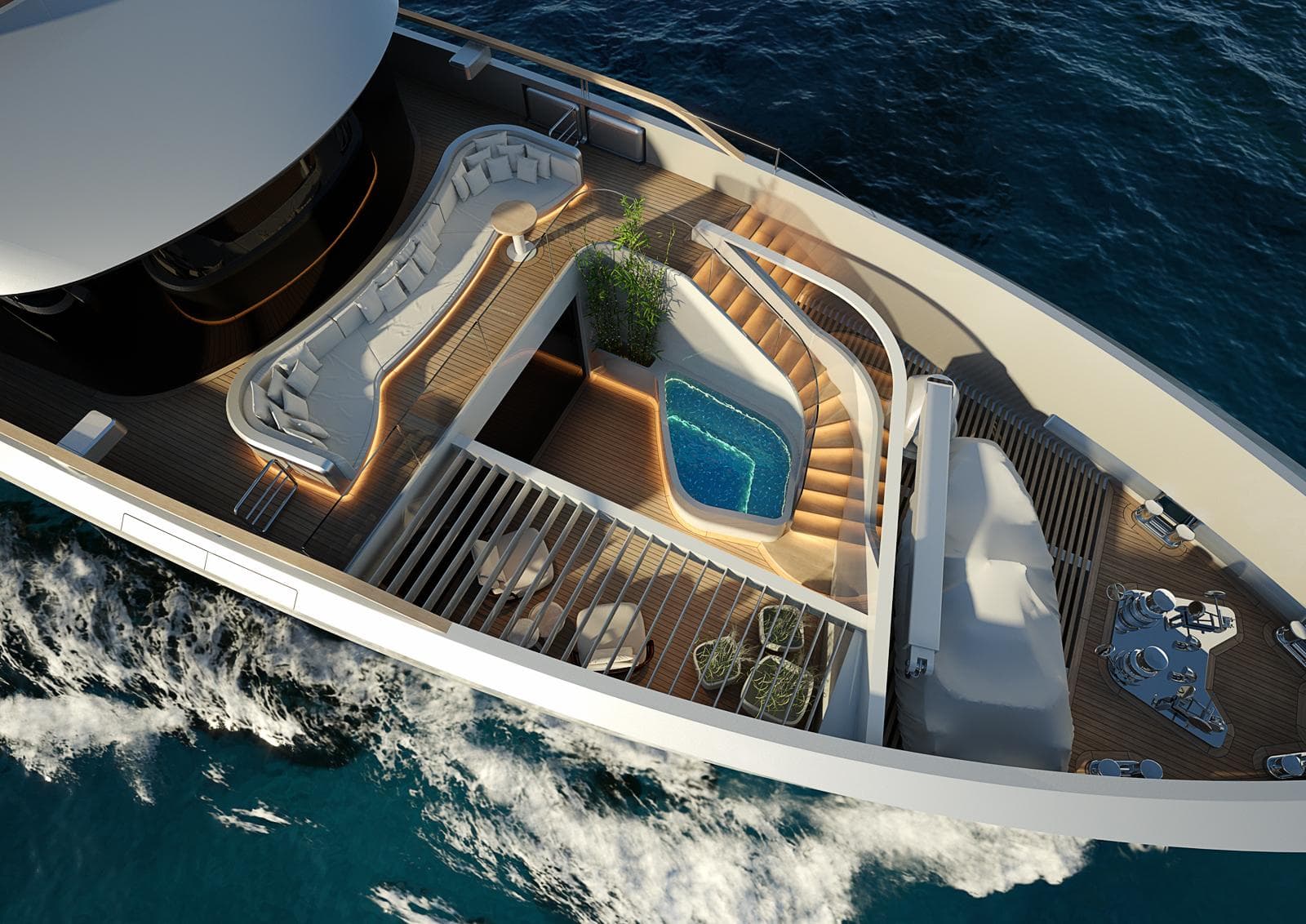 Luxurious 2026 Custom Sirena yacht with pool, lounge area, and ocean view.