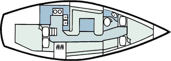 Floor plan of a 1985 Catalina 30 sailboat, showing interior layout and amenities.