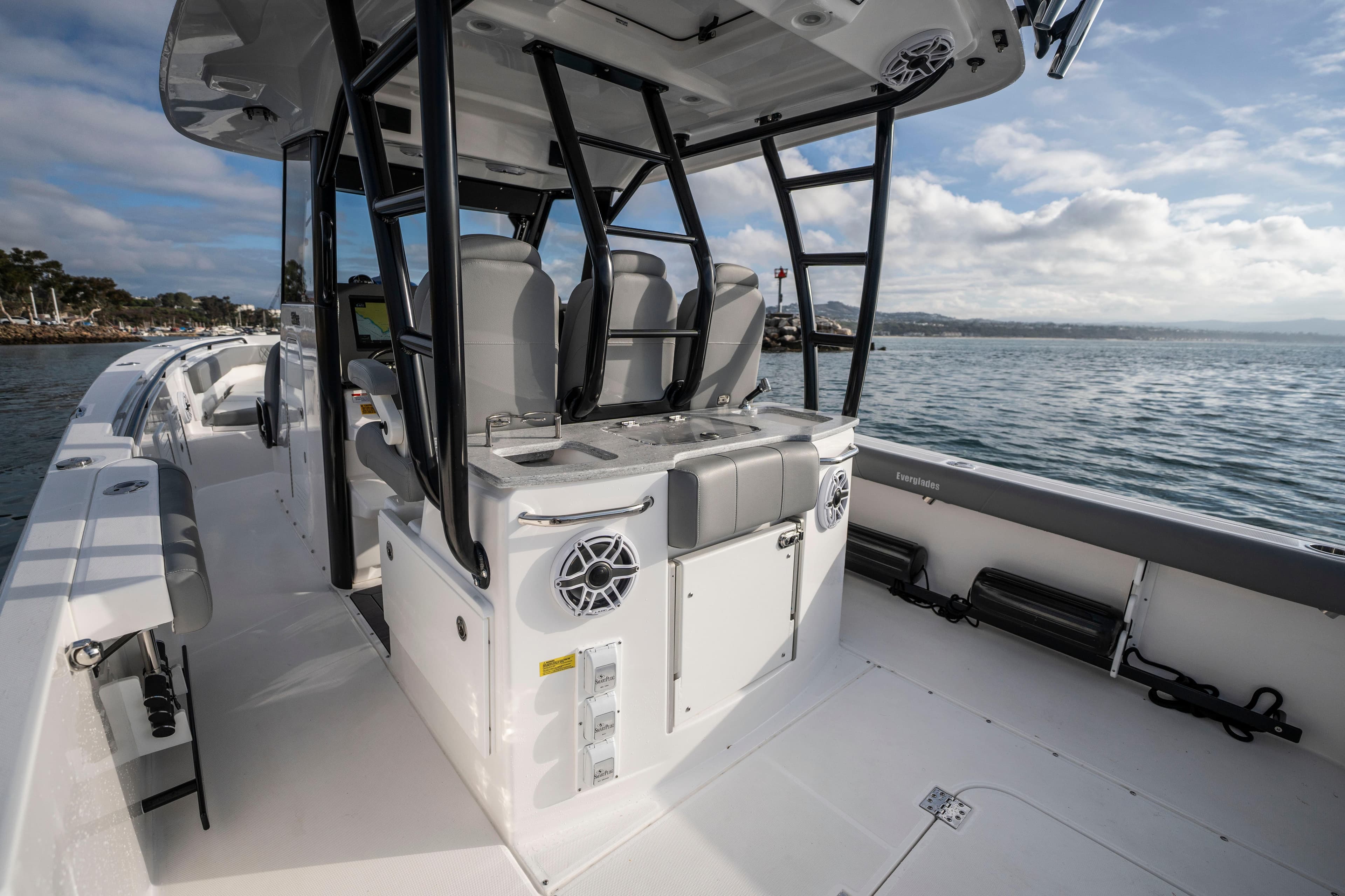 2024 Everglades 365 Center Console boat interior with seating and ocean view.